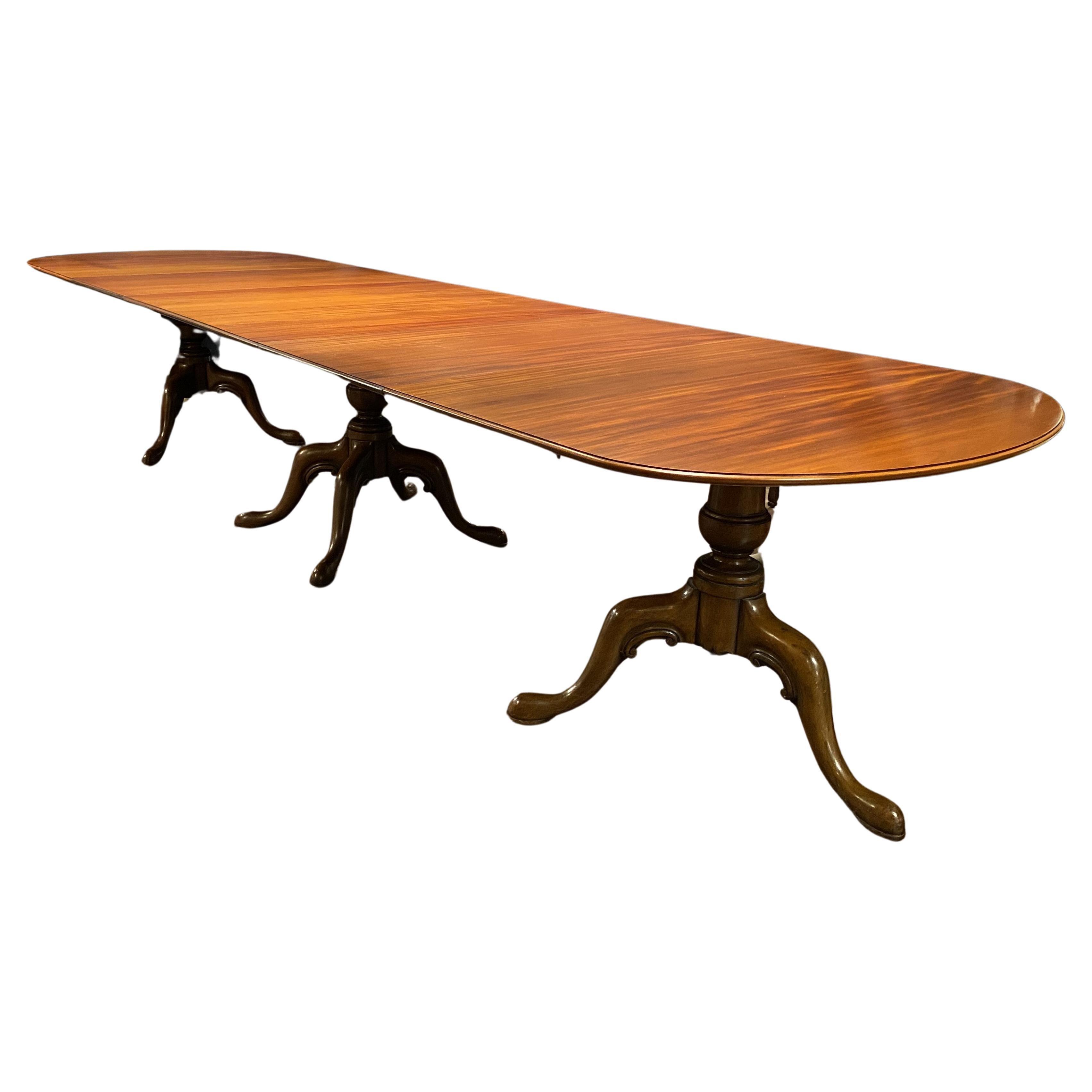 Georgian Style Walnut or Mahogany Triple Pedestal Dining Table with Two Leaves