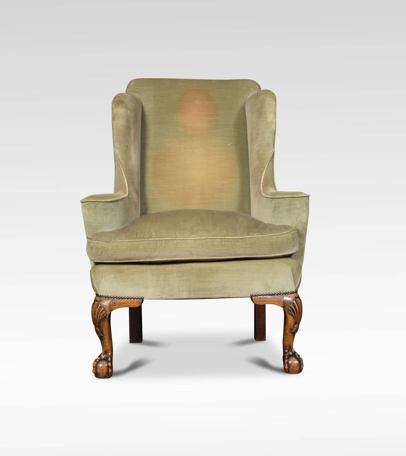 A Georgian style armchair, the winged back and upholstered seat, flaked by out swept arms. All raised up on cabriole front sports terminating in claw and ball feet.
Dimensions:
Height 45.5 inches height to seat 23.5 inches
Width 33.5
