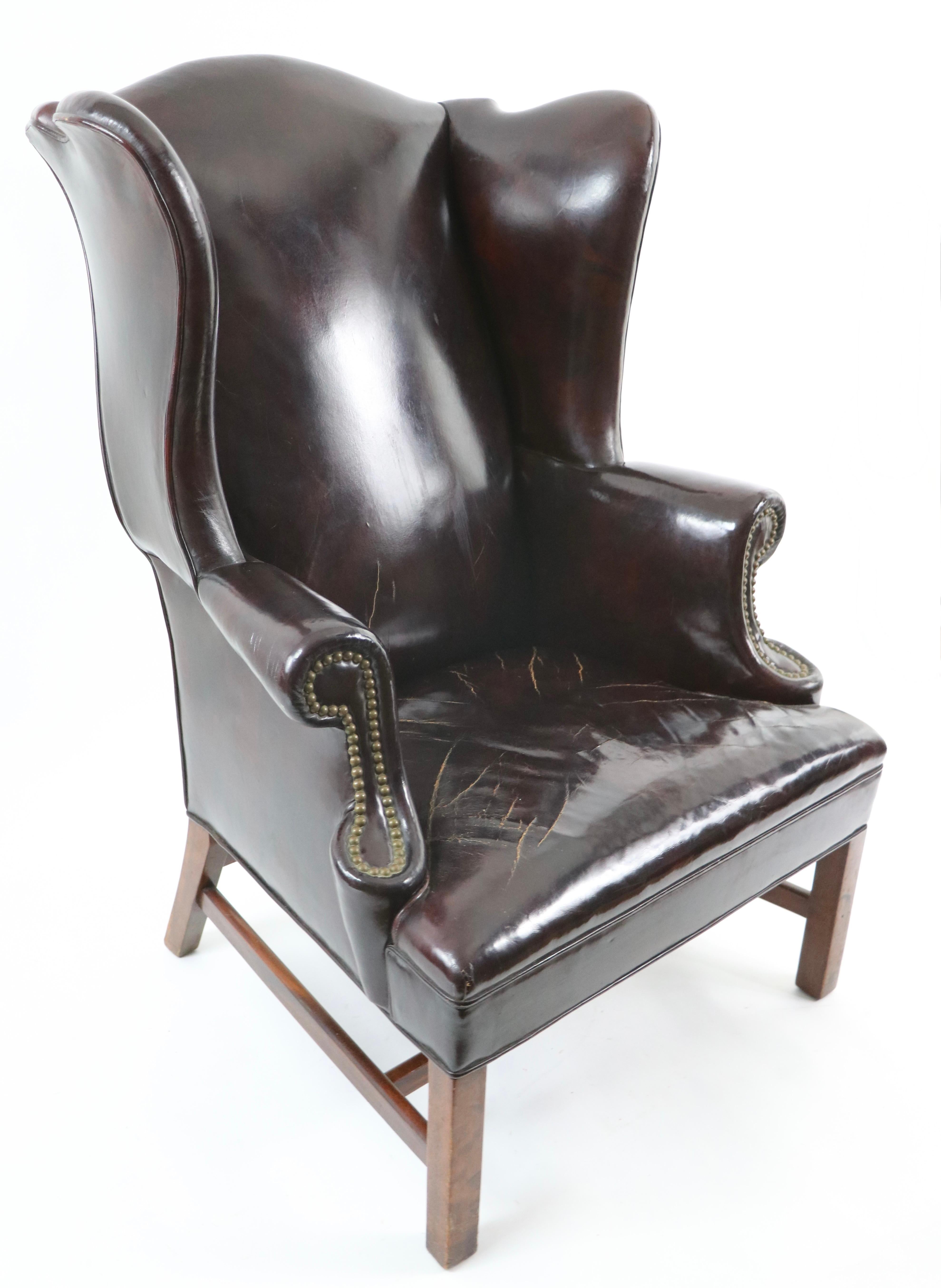 Brass Georgian Style Wingback Chair in Leather