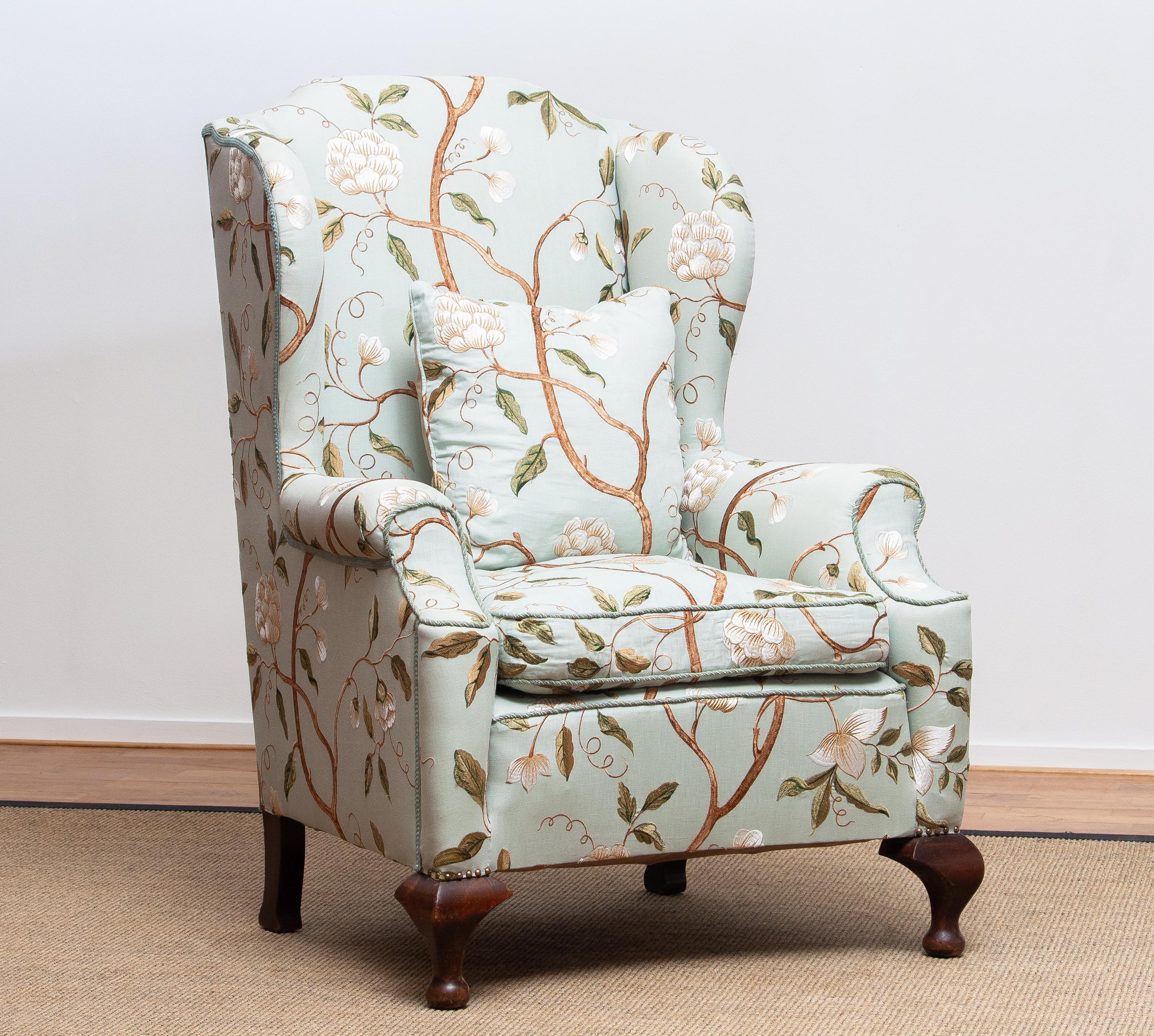 Georgian Style Wingback Chair with Embroidered Fabric, 