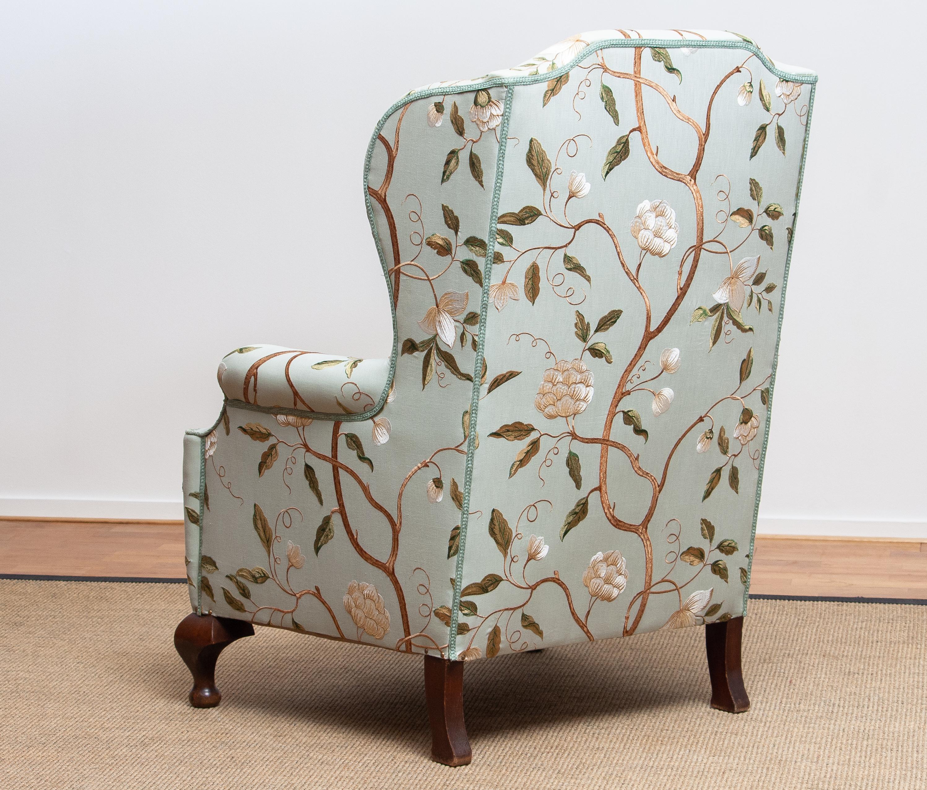 Georgian Style Wingback Chair with Embroidered Fabric, 