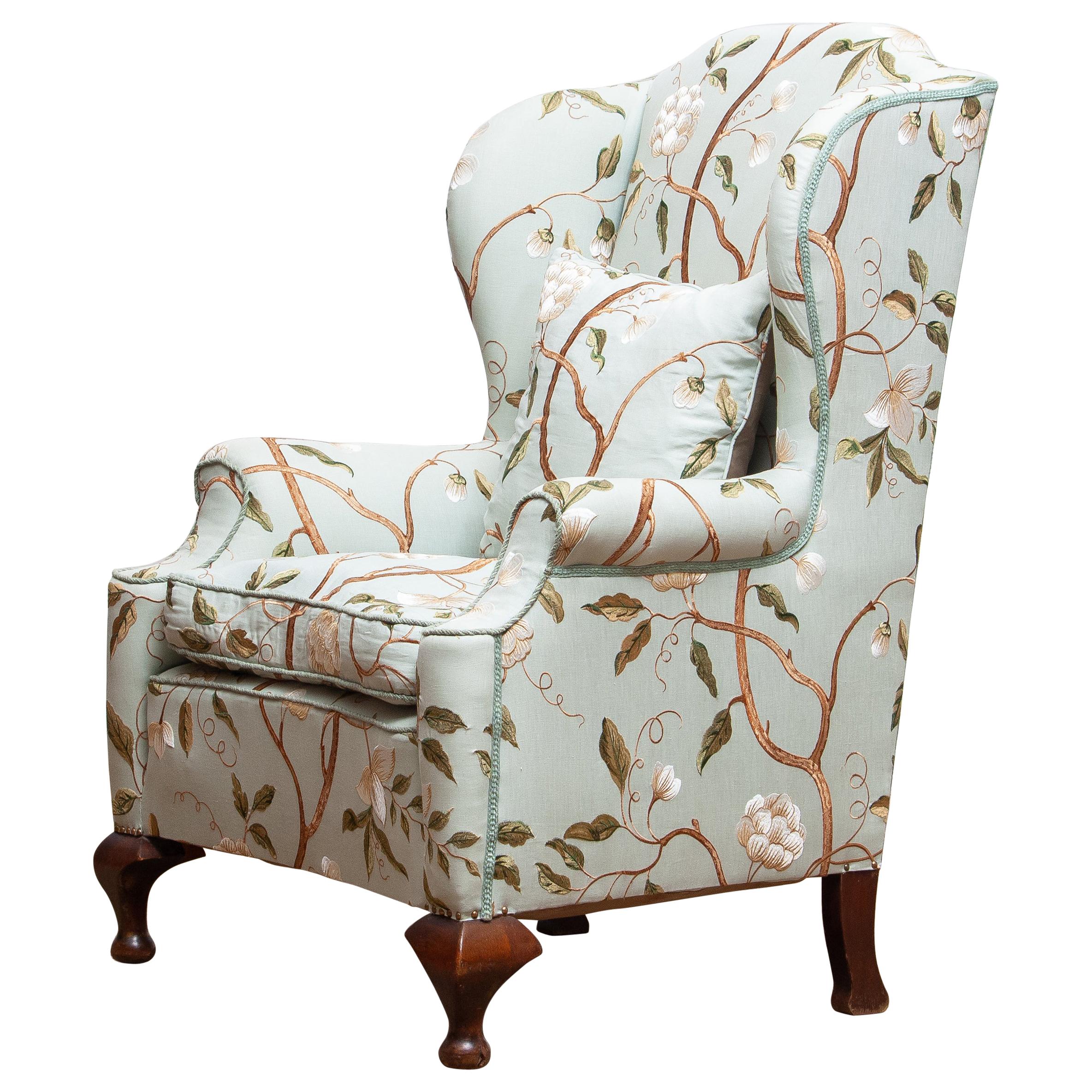 Georgian Style Wingback Chair with Embroidered Fabric, "Completely Restored"