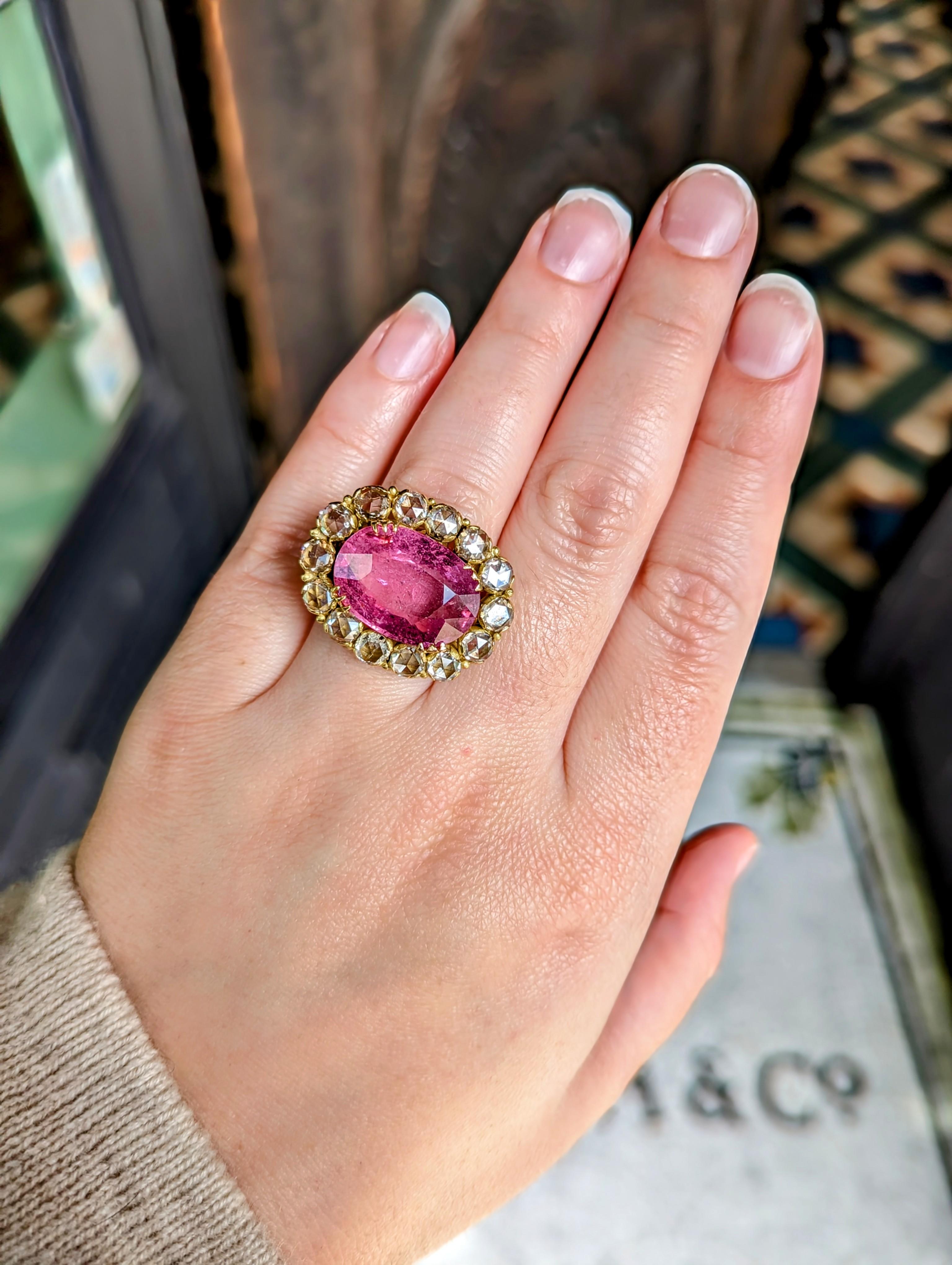 Georgian Style Yellow Gold Oval Pink Spinel & Rose Cut Diamond Ring 1