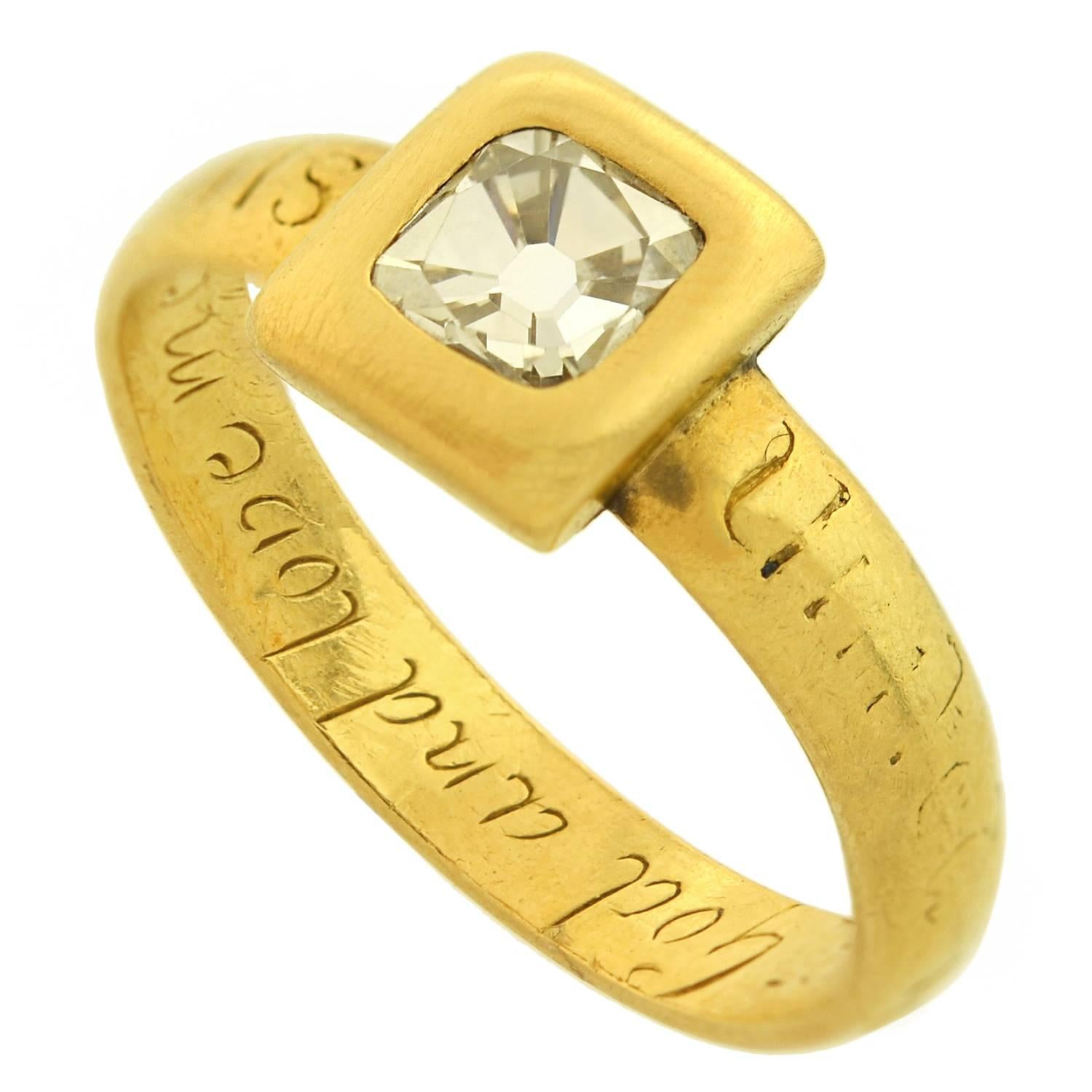 Women's or Men's Georgian Table Cut Diamond Inscribed Gold Ring For Sale