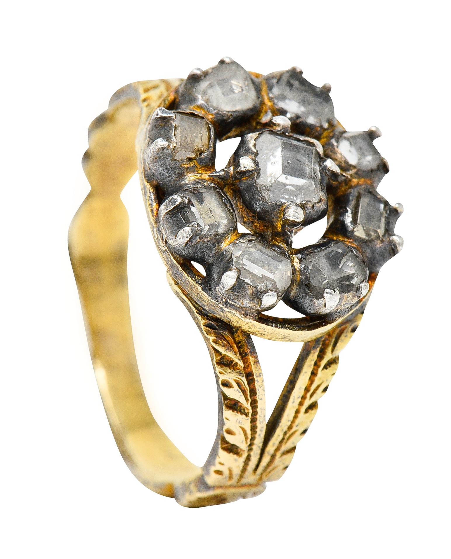 Georgianischer 14 Karat Gold-Cluster-Ring mit Diamanten im Tischschliff und Silberauflage 6