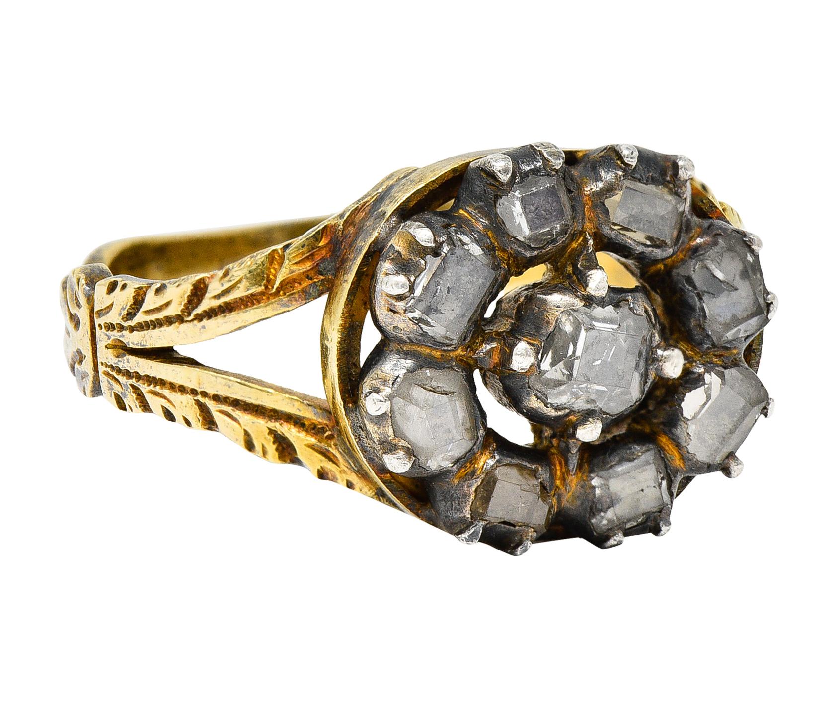 Georgianischer 14 Karat Gold-Cluster-Ring mit Diamanten im Tischschliff und Silberauflage (Carréeschliff)