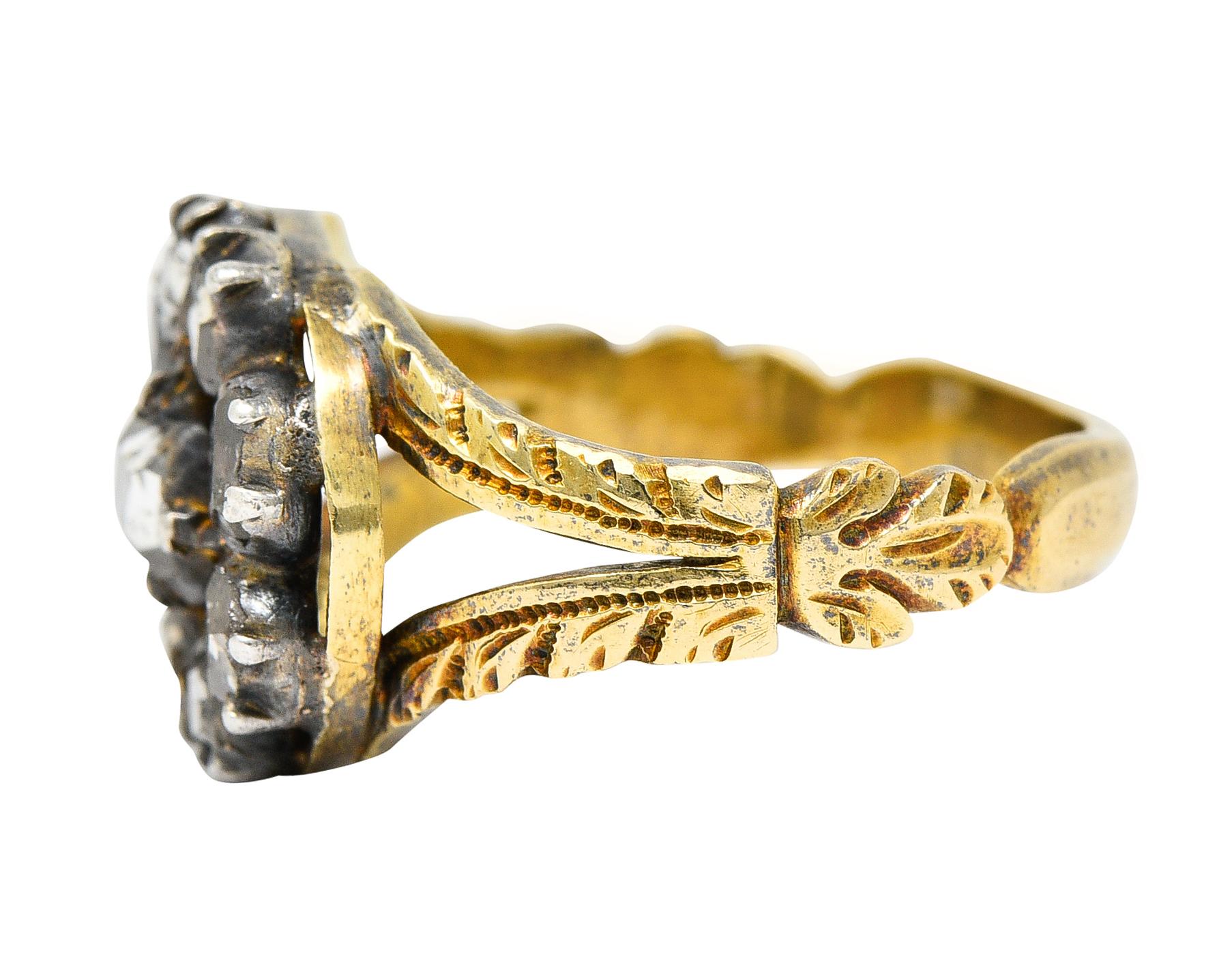 Georgianischer 14 Karat Gold-Cluster-Ring mit Diamanten im Tischschliff und Silberauflage 1