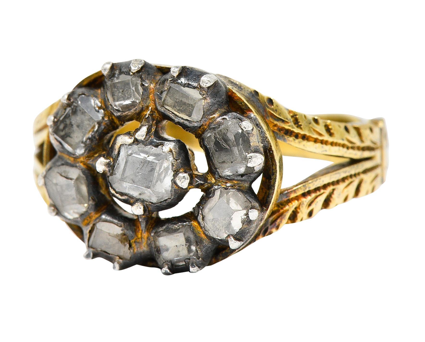 Georgianischer 14 Karat Gold-Cluster-Ring mit Diamanten im Tischschliff und Silberauflage 2