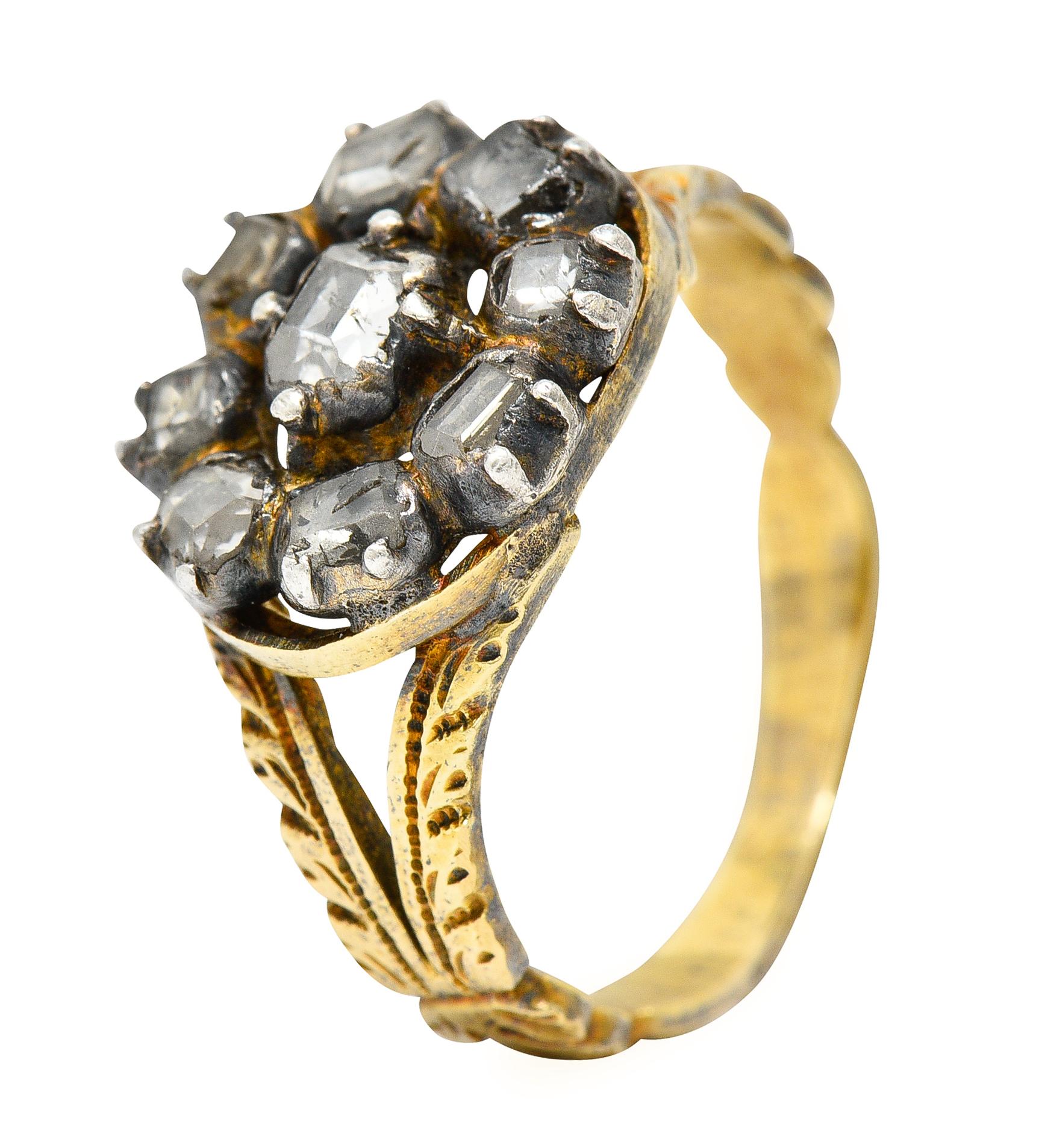 Georgianischer 14 Karat Gold-Cluster-Ring mit Diamanten im Tischschliff und Silberauflage 3