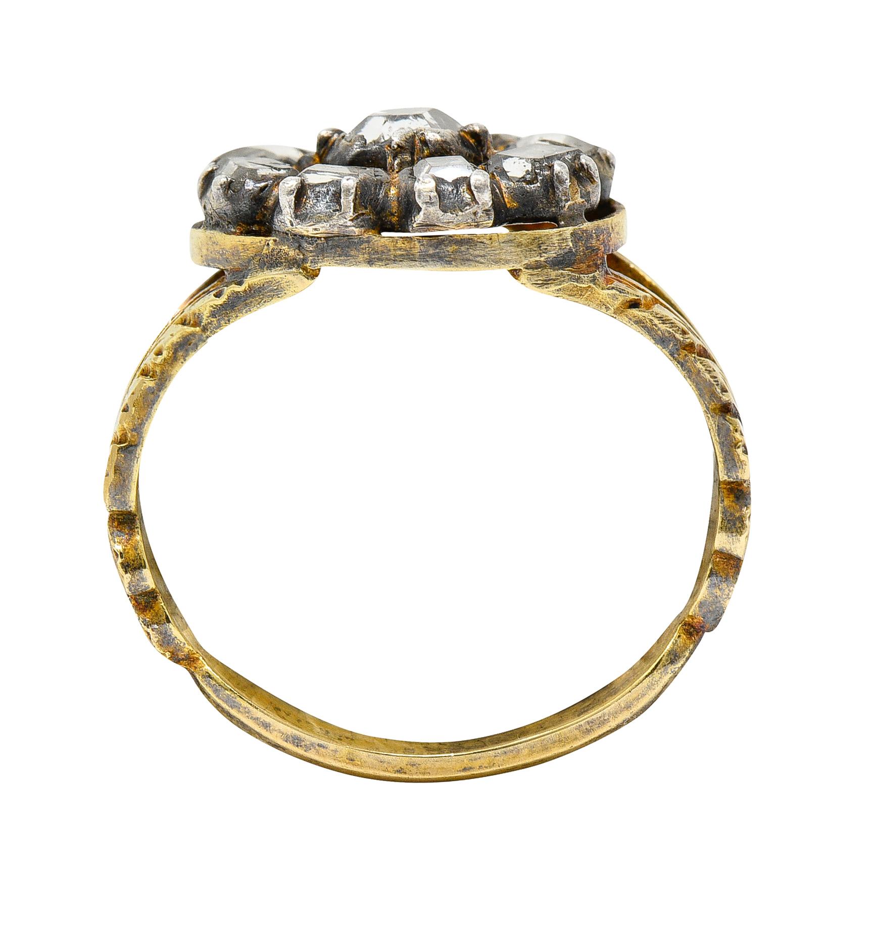 Georgianischer 14 Karat Gold-Cluster-Ring mit Diamanten im Tischschliff und Silberauflage 4