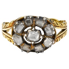 Georgianischer 14 Karat Gold-Cluster-Ring mit Diamanten im Tischschliff und Silberauflage
