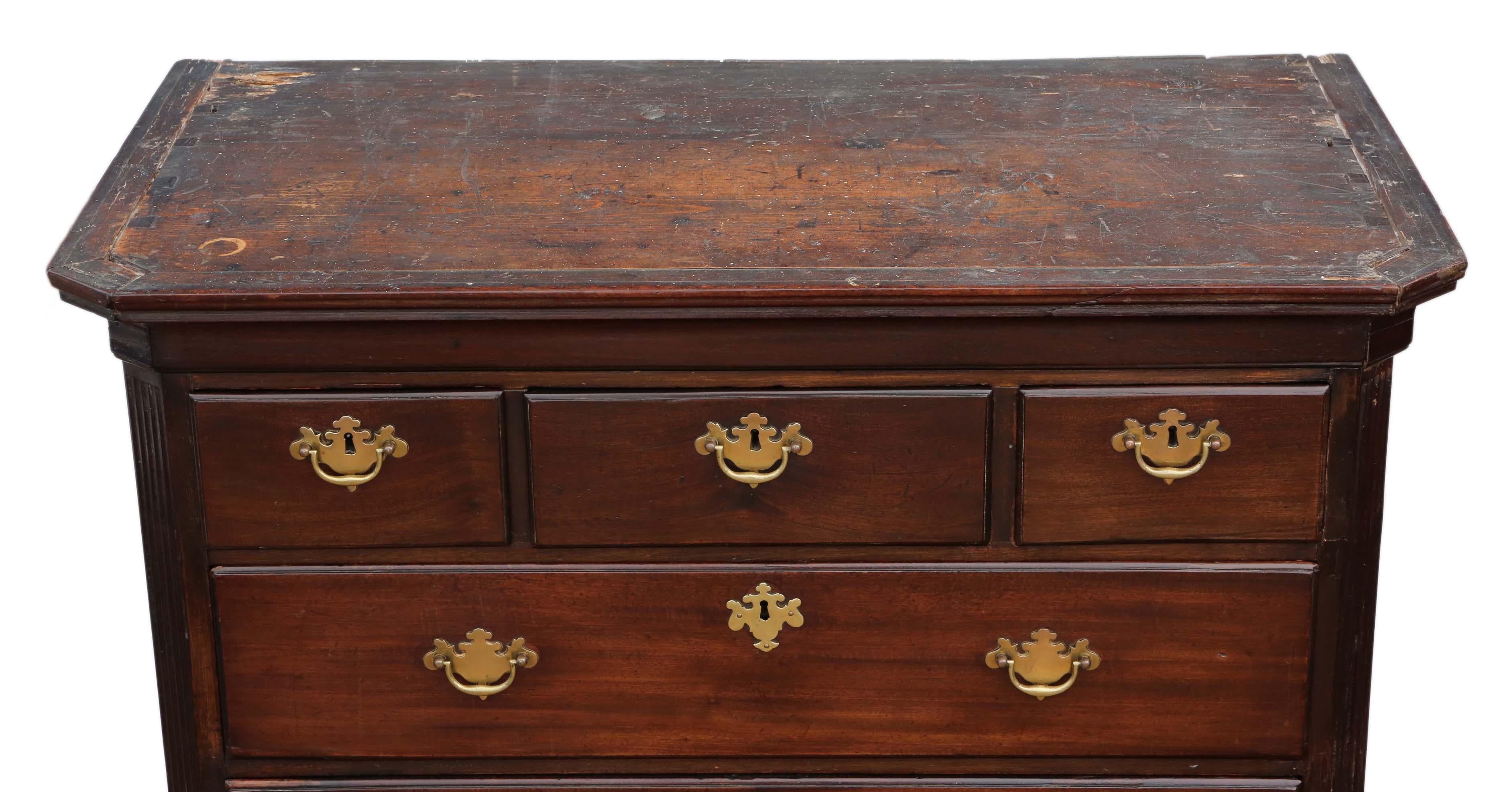 Georgian circa 1780 tallboy mahogany chest on chest of drawers.
Solid and strong... splits into two halves for transport. We have a key that fits all locks.

No loose joints and the oak lined drawers slide freely.

Full of age charm and
