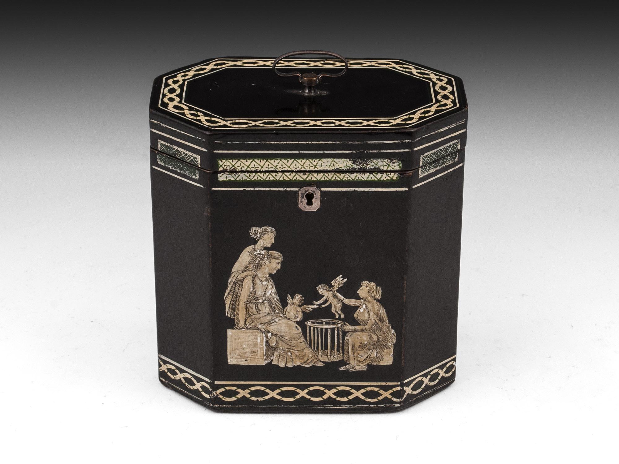 Octagonal Papier-Mache Tea Caddy with Classical Figures Circa 1800

From our Tea Caddy collection, we are thrilled to offer this Henry Clay Octagonal papier-mache Tea Caddy. The Tea caddy decorated to the exterior with a central scene showing