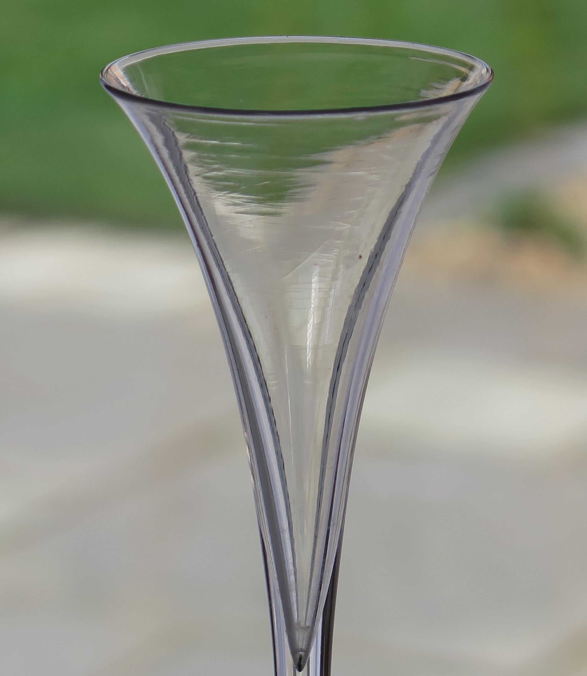 English 18thC Georgian Toasting Drinking Glass Drawn Trumpet Bowl Tall Stem, Circa 1750 For Sale