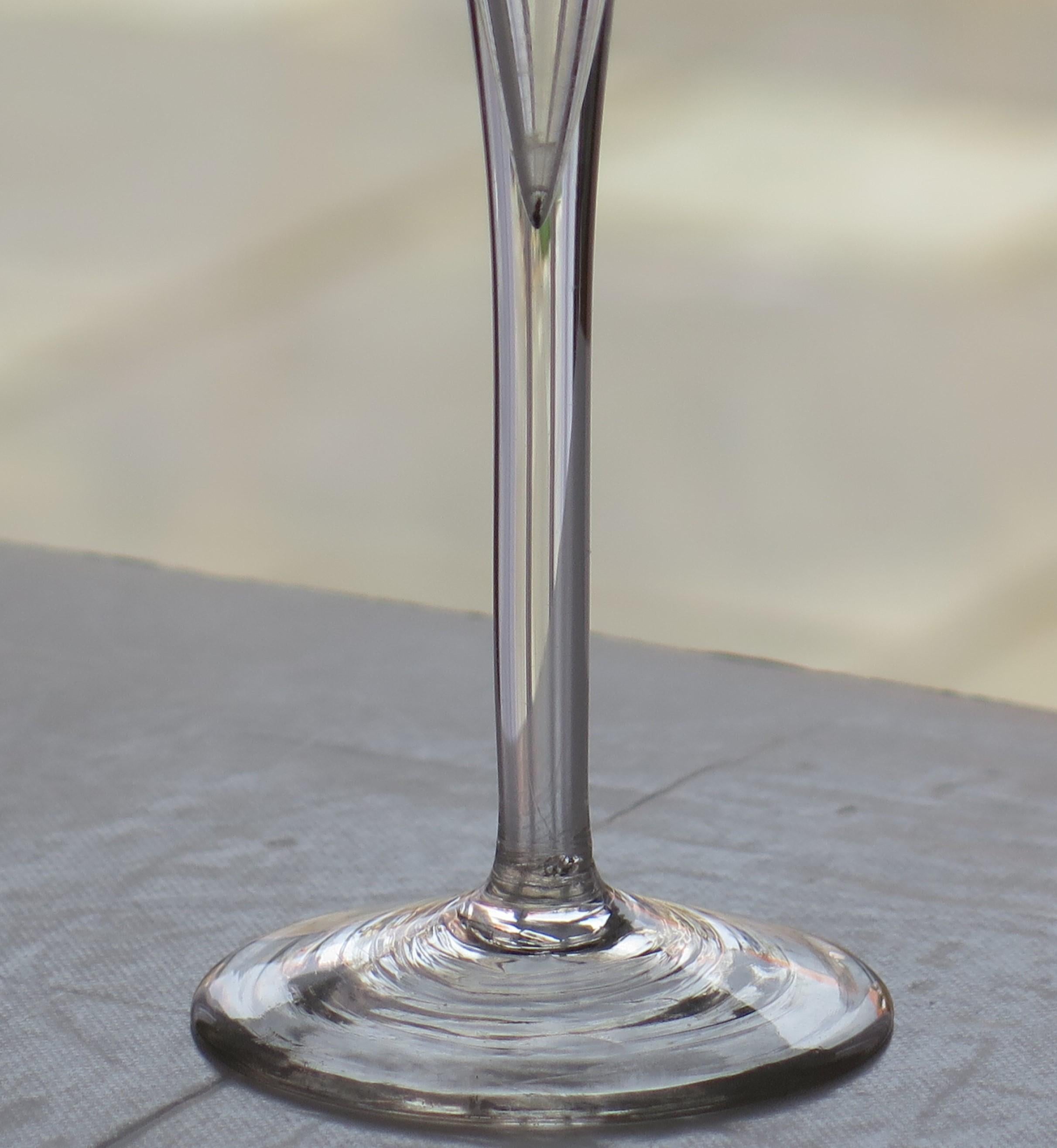 Hand-Crafted 18thC Georgian Toasting Drinking Glass Drawn Trumpet Bowl Tall Stem, Circa 1750 For Sale