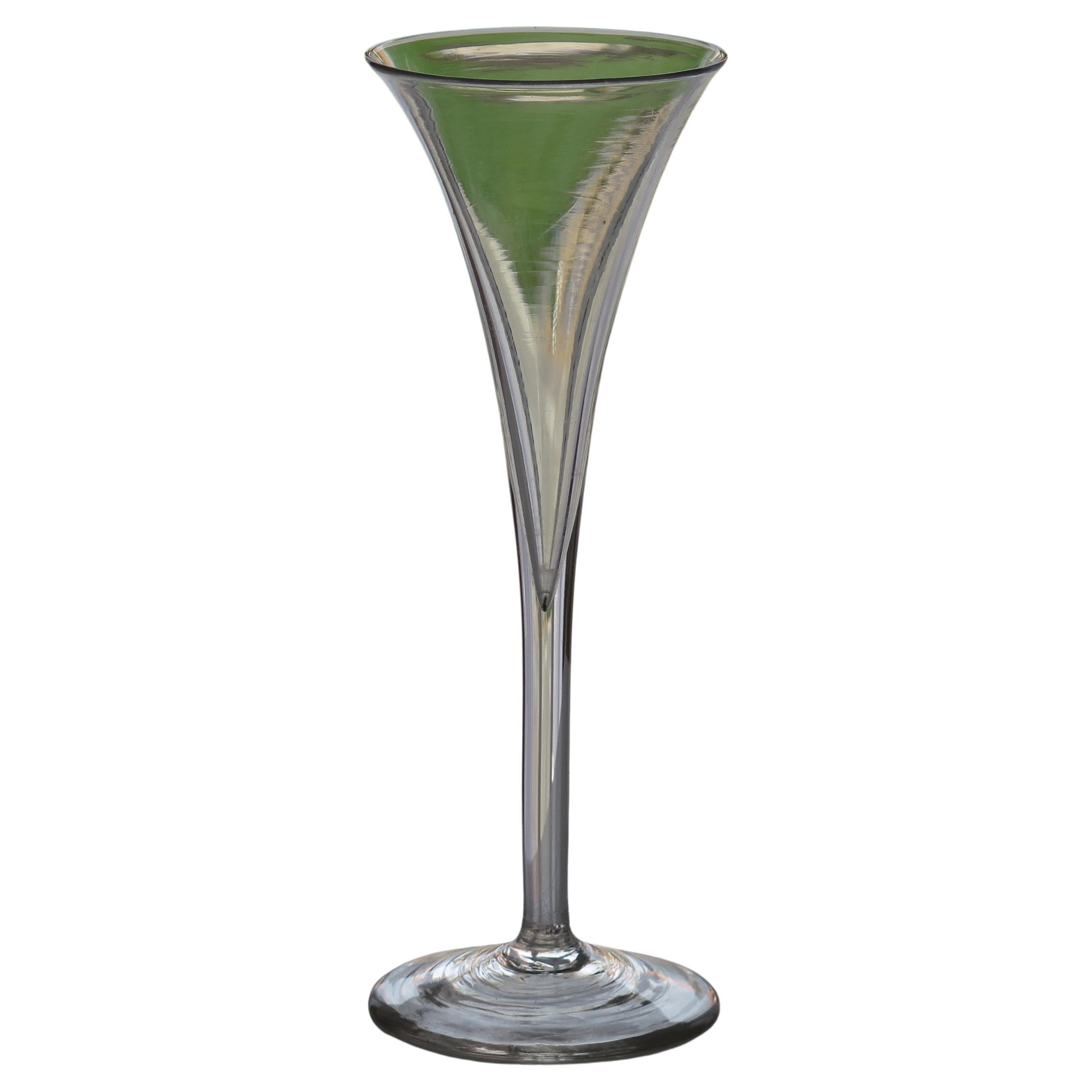 18thC Georgian Toasting Drinking Glass Drawn Trumpet Bowl Tall Stem, Circa 1750 For Sale