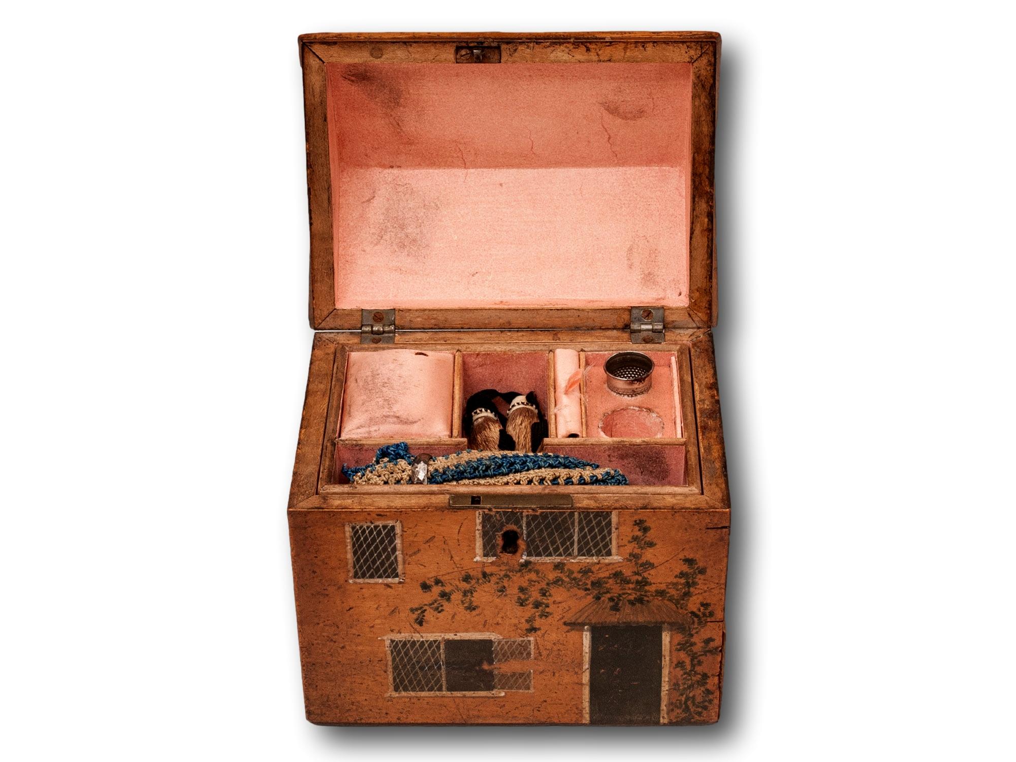 Hand-Crafted Georgian Tunbridge Ware Folk Art Cottage Sewing Box For Sale