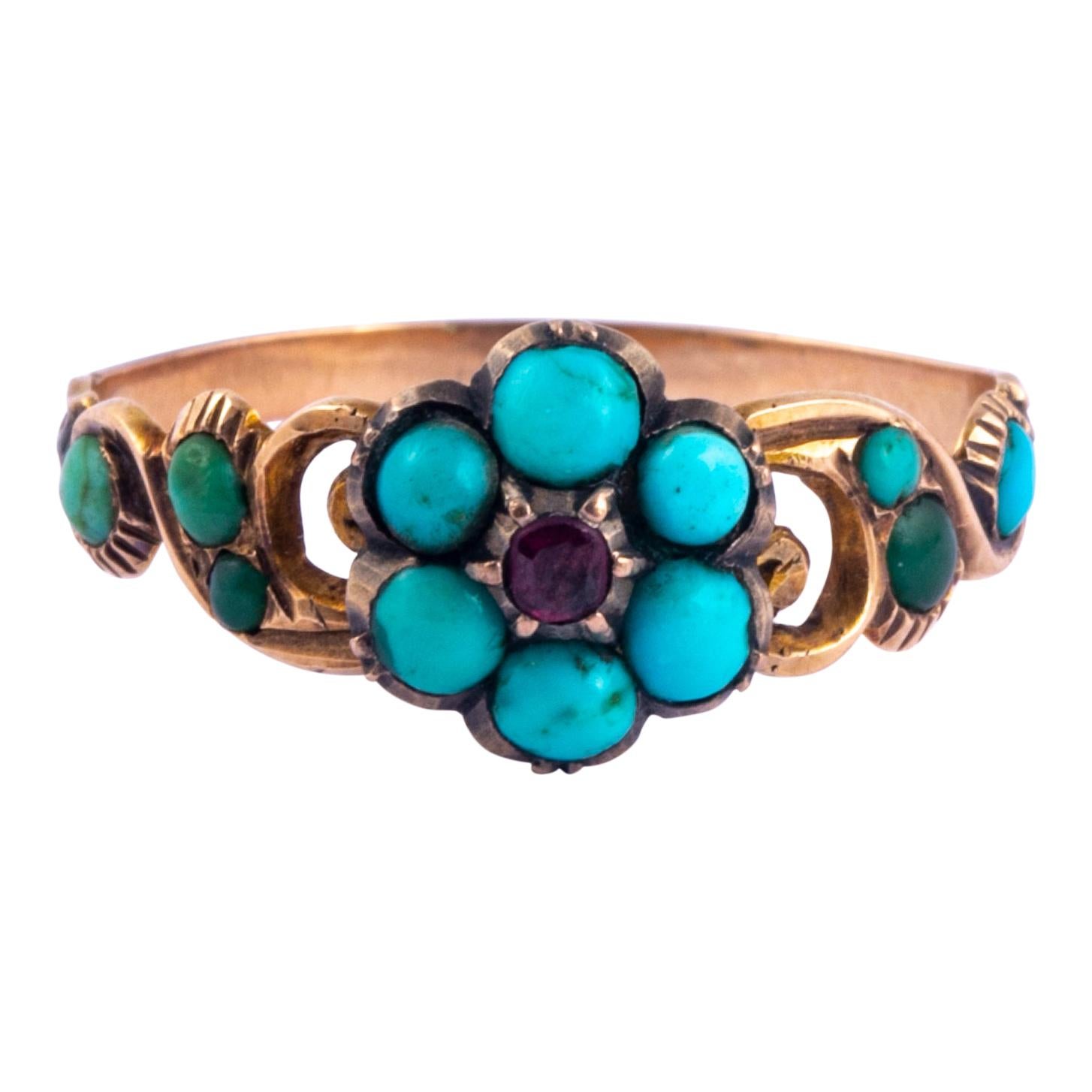 Georgian Turquoise and Ruby 18 Carat Gold Ring