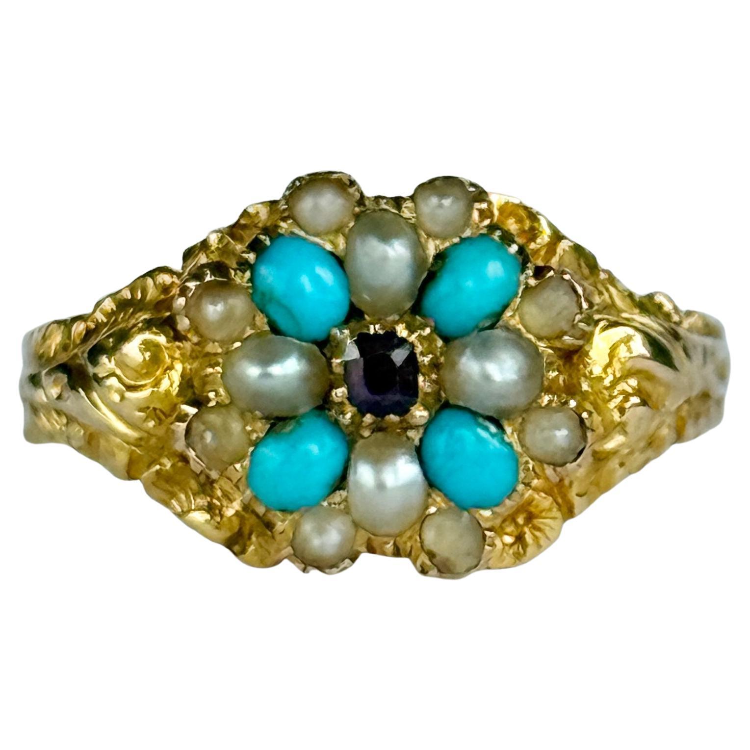 Anillo georgiano de turquesa, rubí y perla en racimo de oro de 18 quilates en venta
