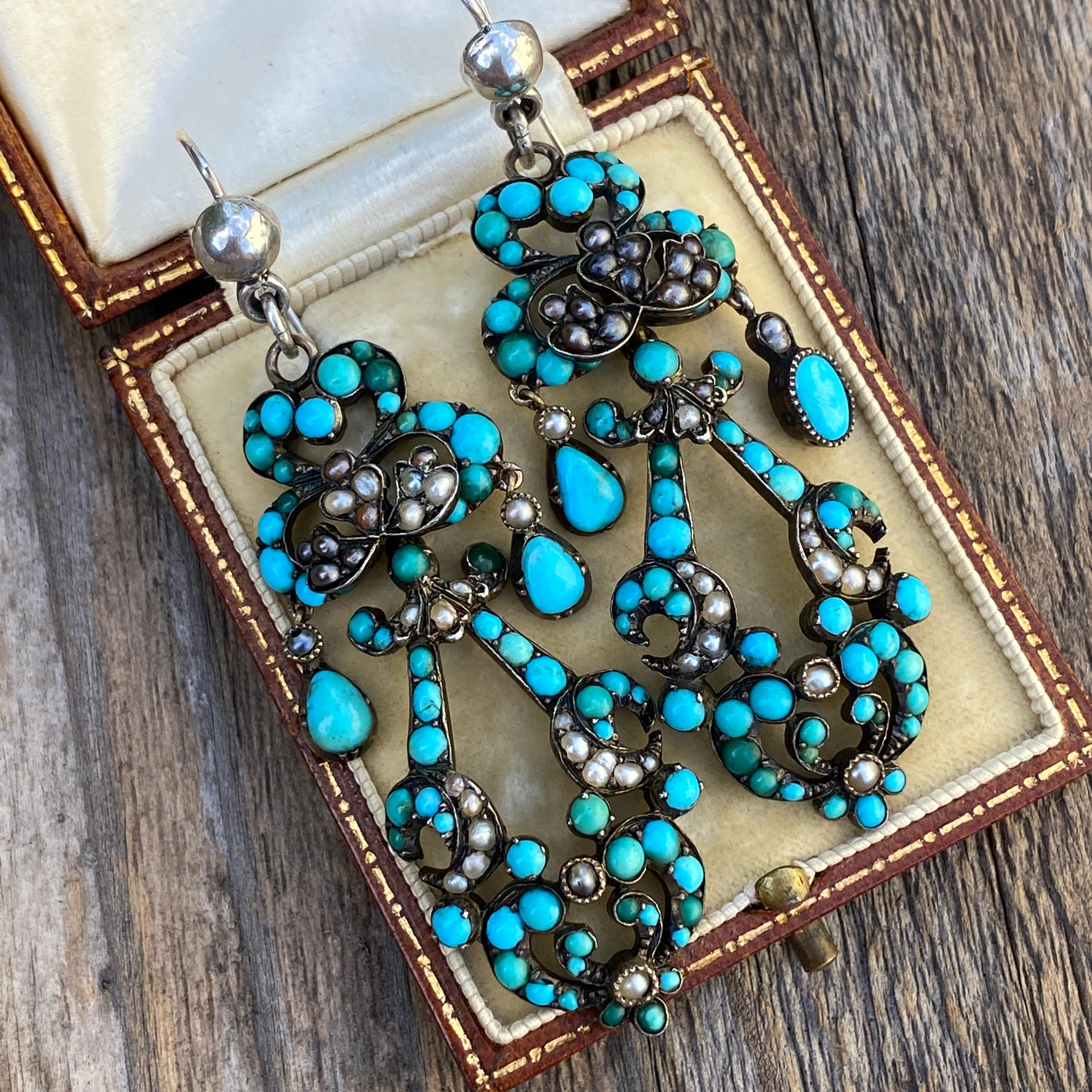 Georgian Turquoise Seed Pearl Silver Earrings 5