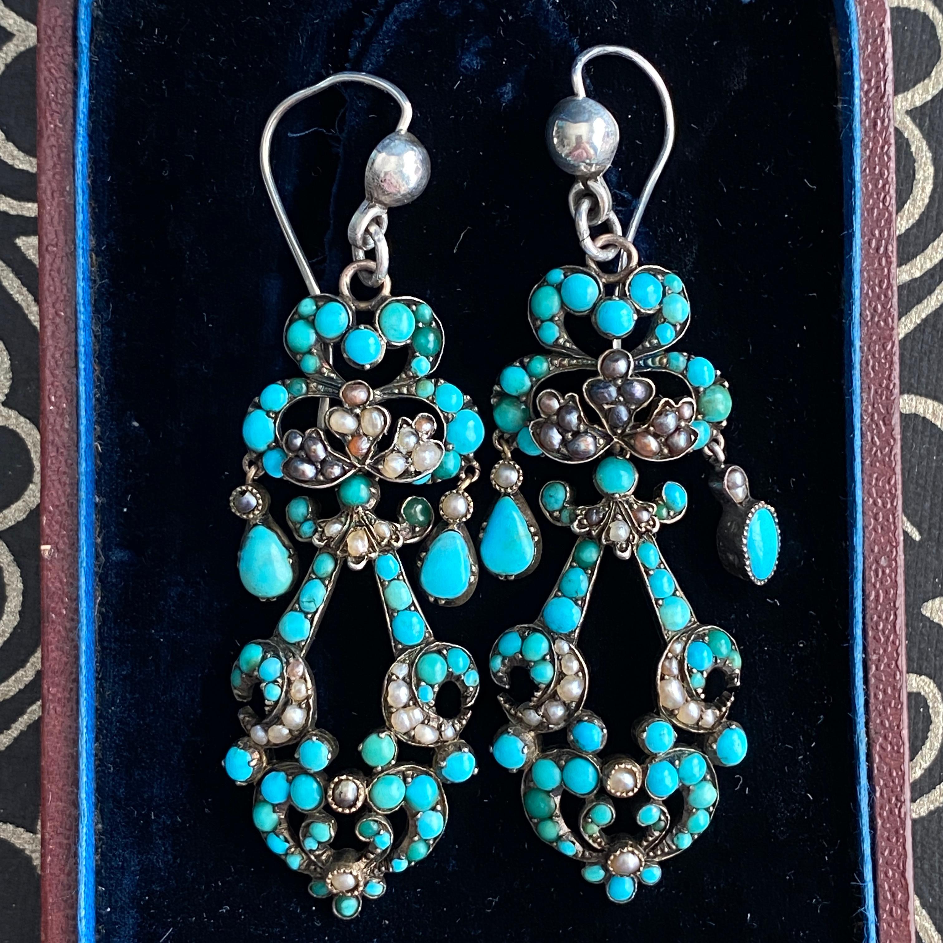 Georgian Turquoise Seed Pearl Silver Earrings 8
