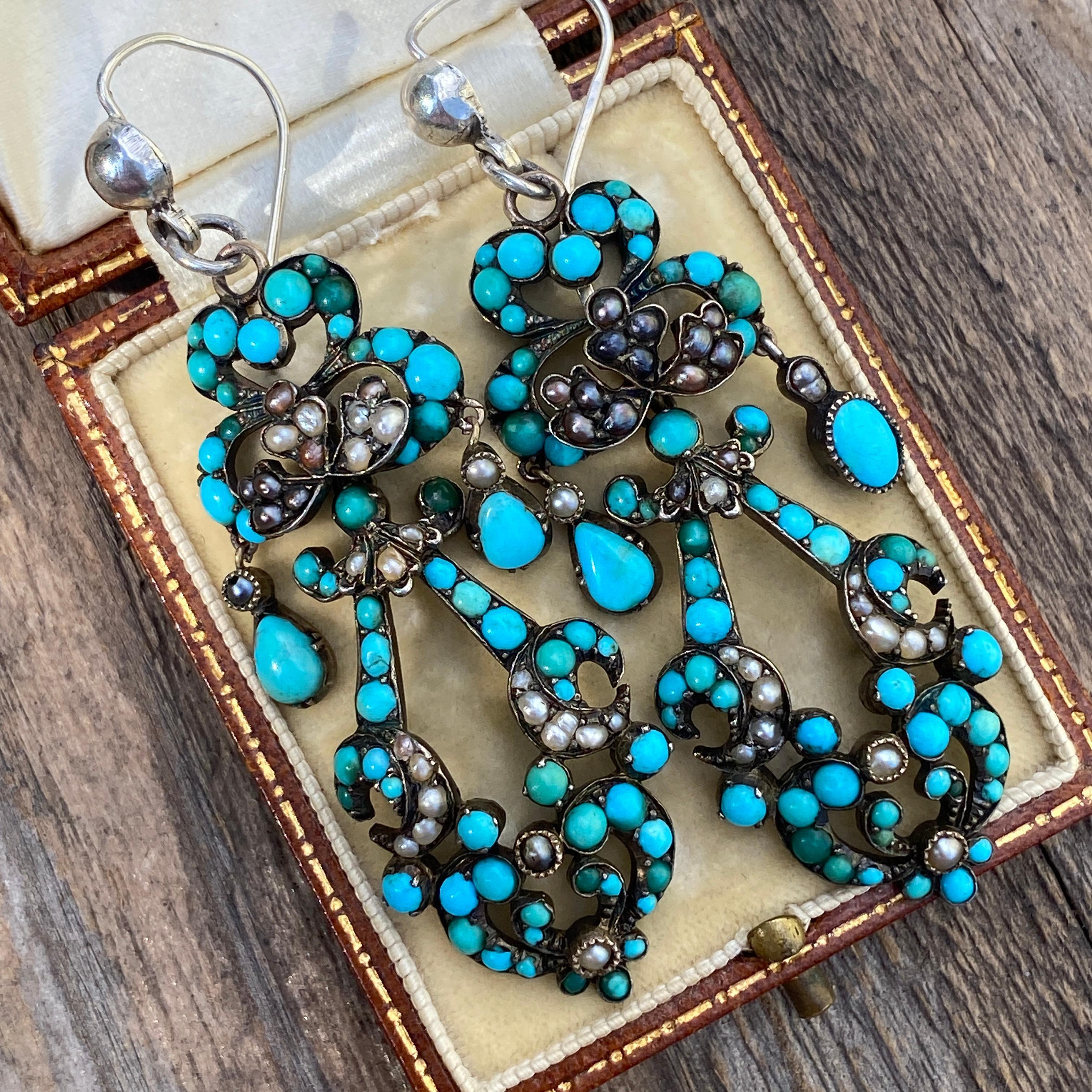 Georgian Turquoise Seed Pearl Silver Earrings In Good Condition In Scotts Valley, CA