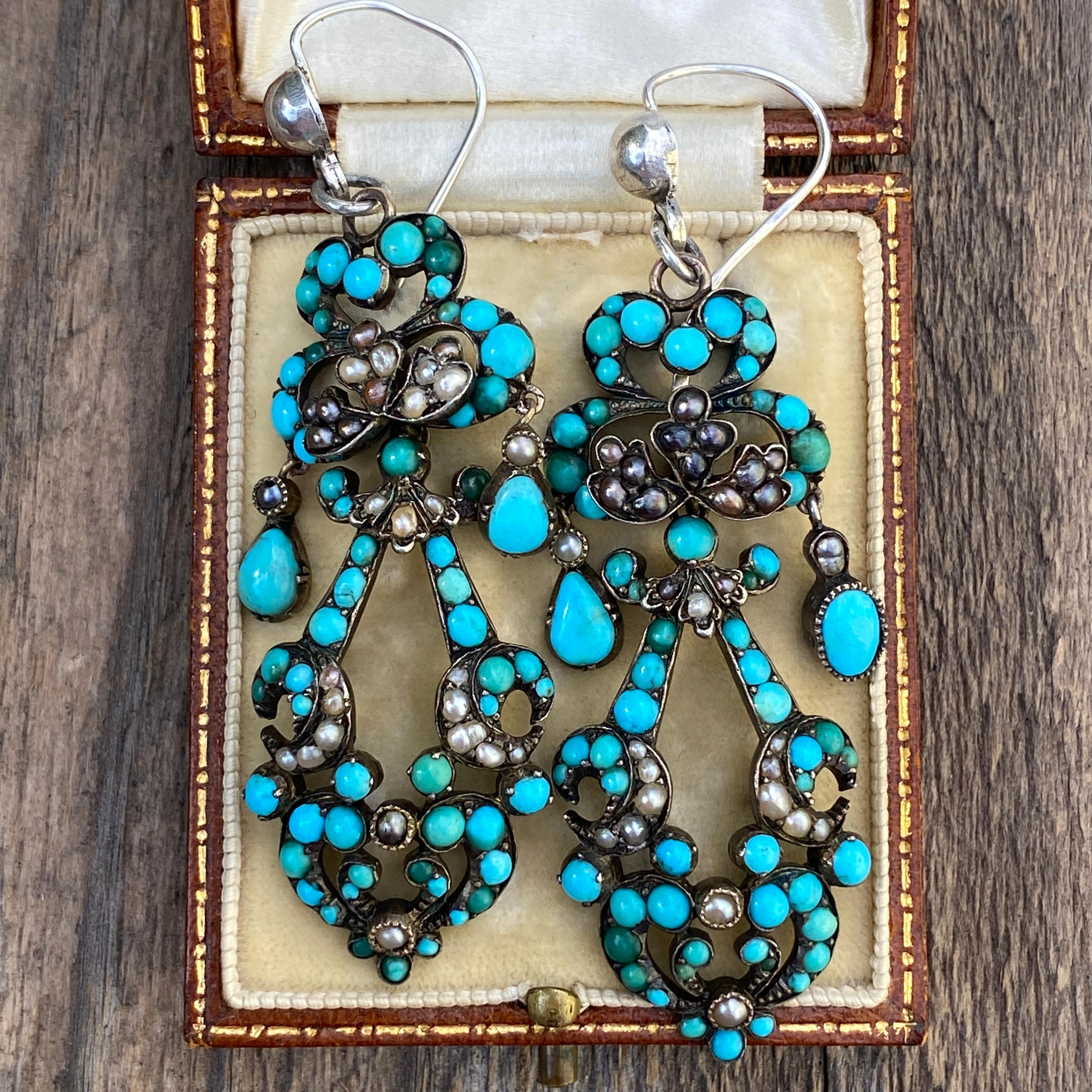 Women's Georgian Turquoise Seed Pearl Silver Earrings