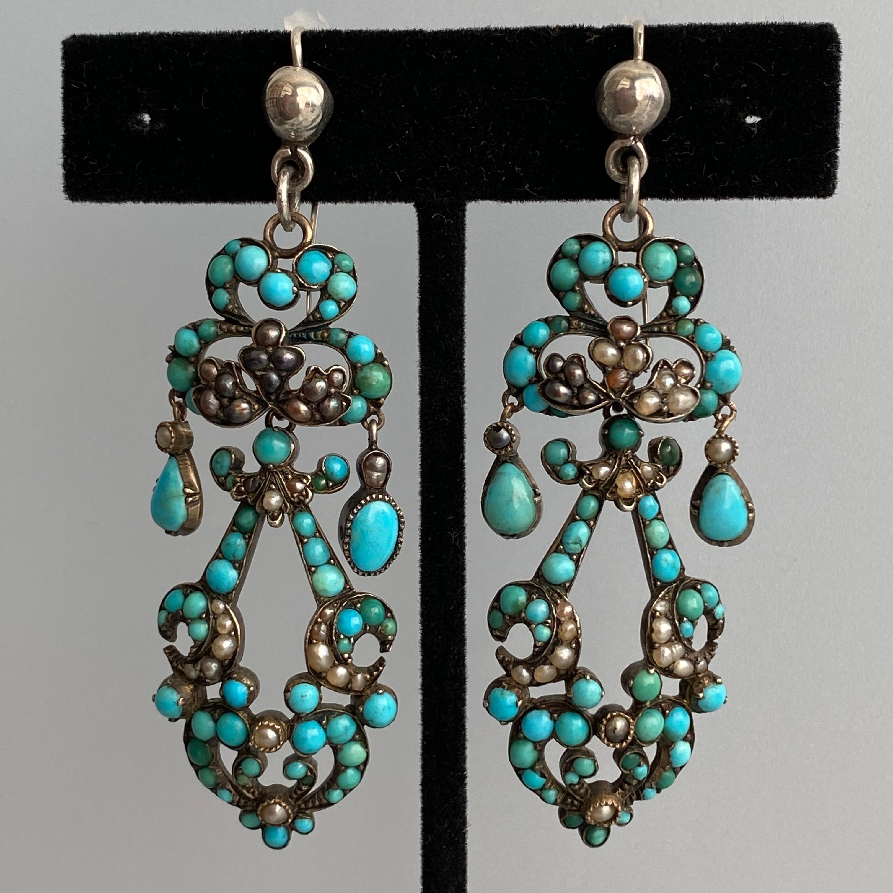 Georgian Turquoise Seed Pearl Silver Earrings 1