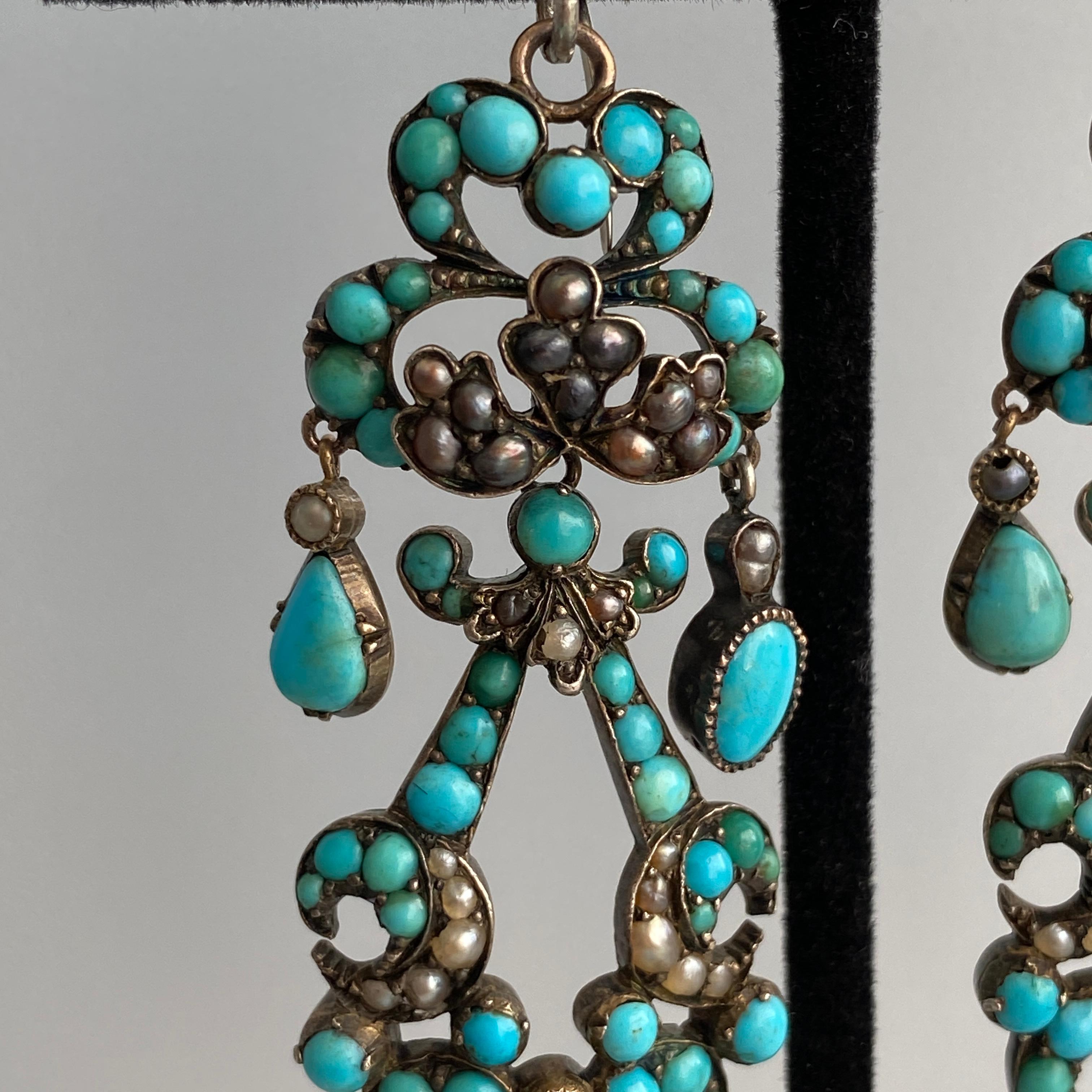 Georgian Turquoise Seed Pearl Silver Earrings 2