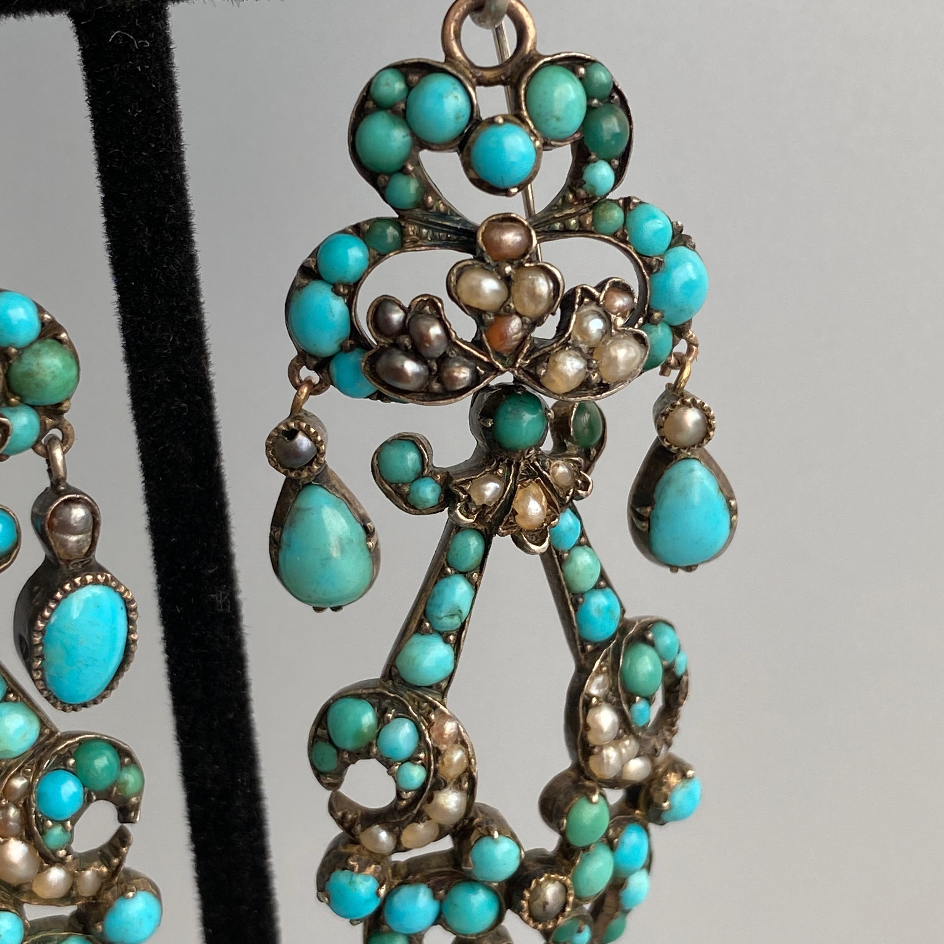 Georgian Turquoise Seed Pearl Silver Earrings 3