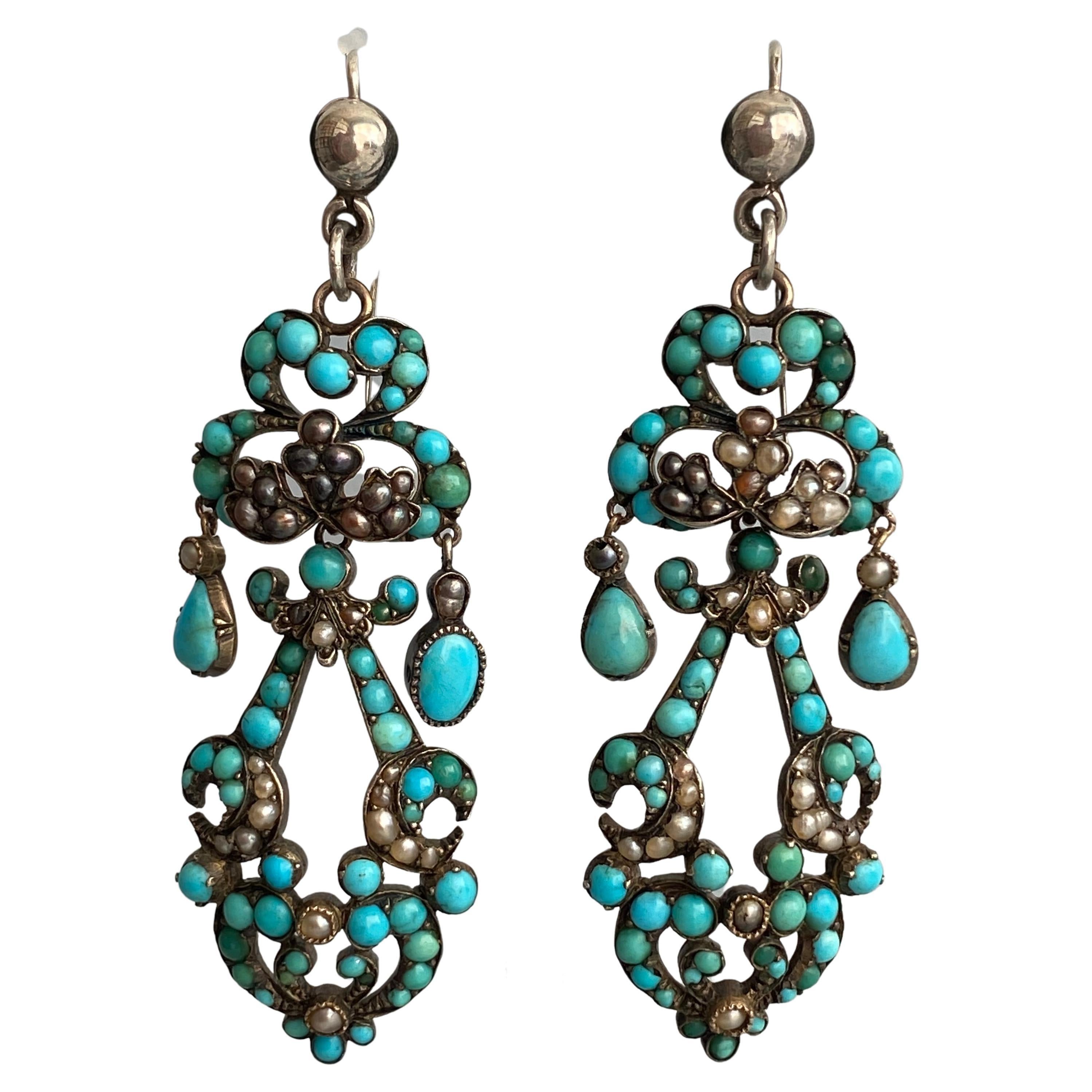 Georgian Turquoise Seed Pearl Silver Earrings