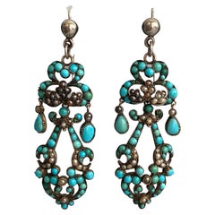 Antique Georgian Turquoise Seed Pearl Silver Earrings