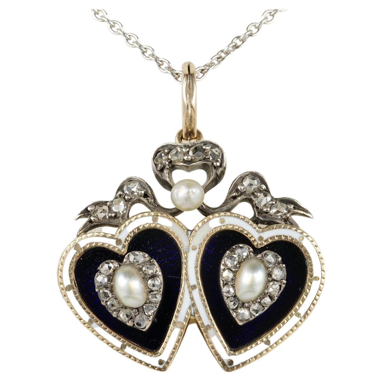 Georgian Tween Hearth Diamond Natural Pearl 18 Kt Pendant For Sale