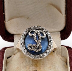 Georgian Unisex Diamond Monogram Bristol Glass Rare Signet Ring