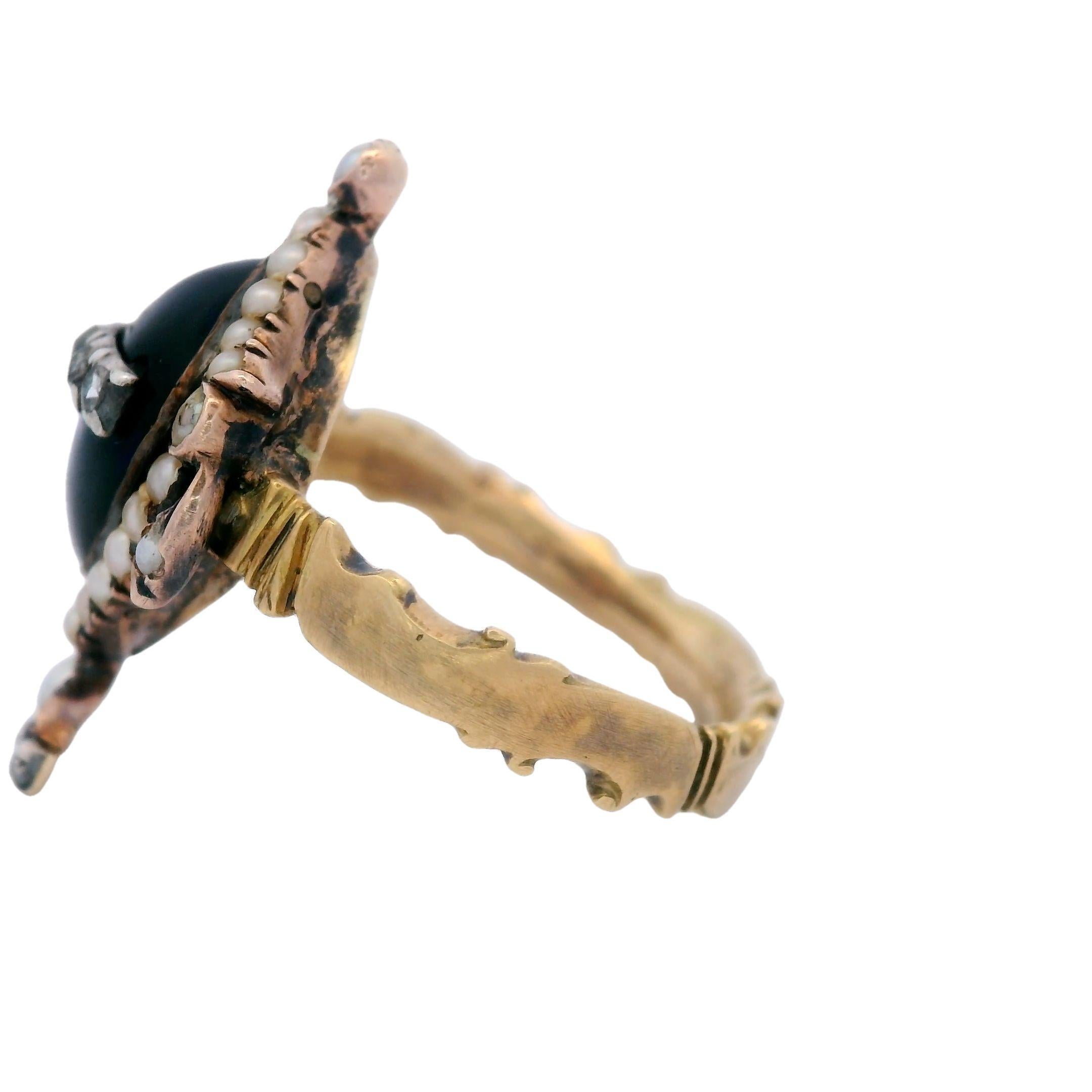 Mixed Cut Georgian Urn Mourning Ring with Synthetic Sapphire and Diamonds in 18K Gold For Sale