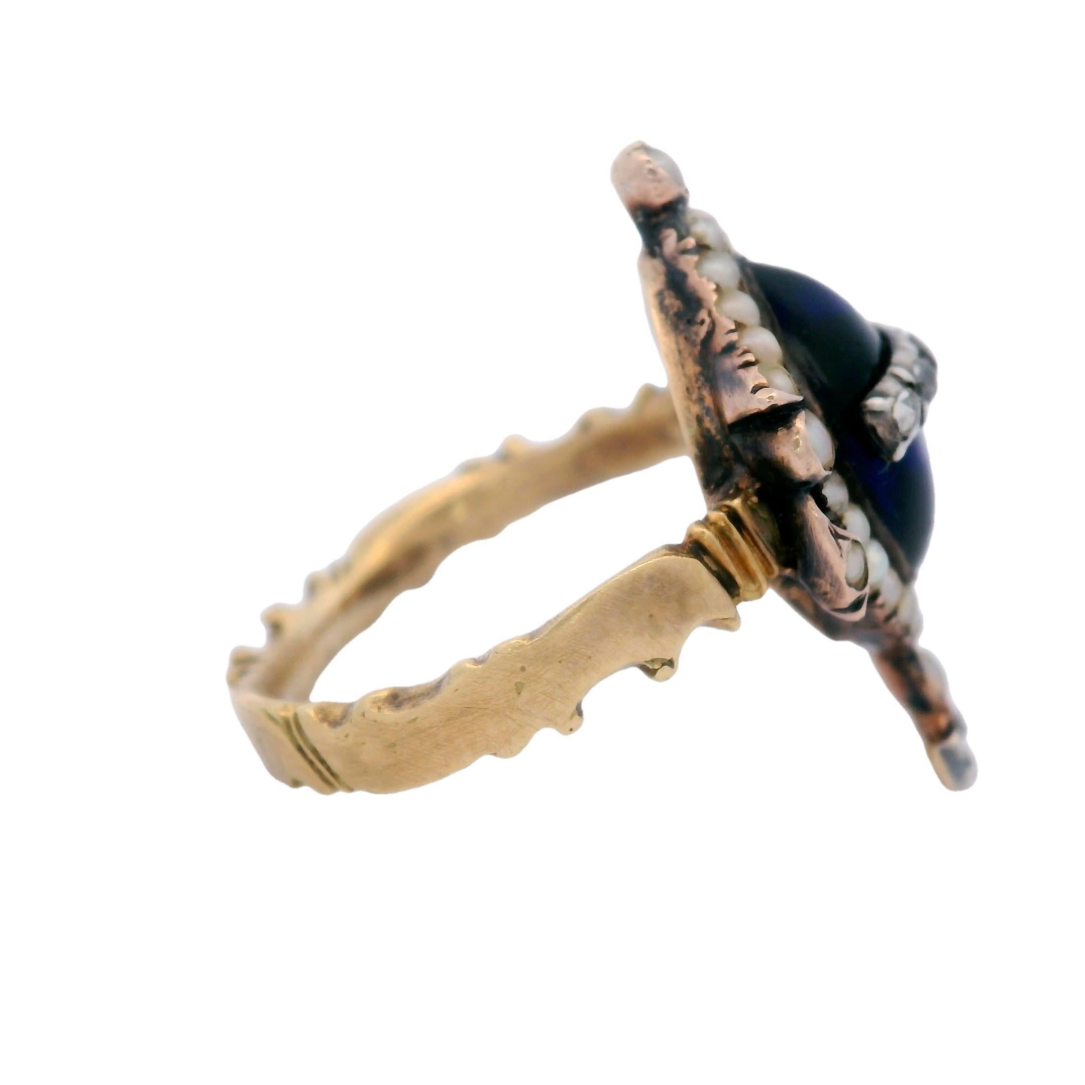 Anillo de Luto Urna Georgiana con Zafiro Sintético y Diamantes en Oro de 18K en Bueno estado para la venta en Fairfield, CT