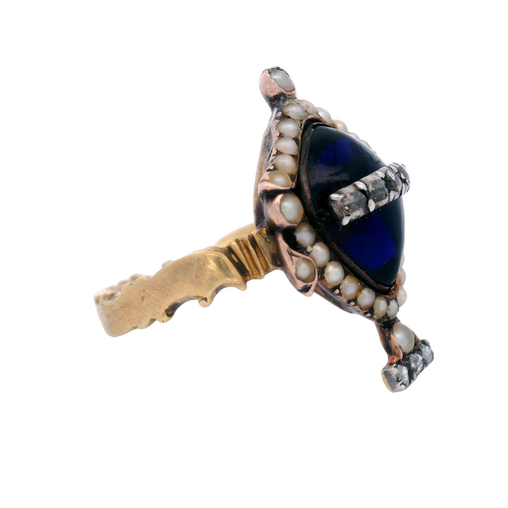 Georgian Urn Mourning Ring with Synthetic Sapphire and Diamonds in 18K Gold For Sale 1