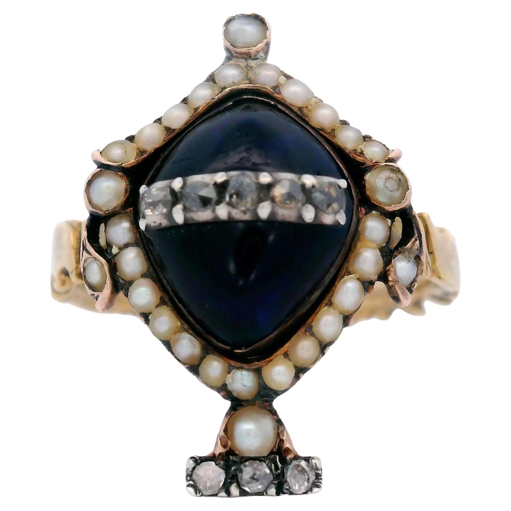 Georgian Urn Mourning Ring with Synthetic Sapphire and Diamonds in 18K Gold