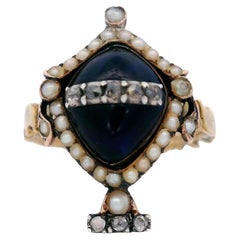 Georgian Urn Mourning Ring with Synthetic Sapphire and Diamonds in 18K Gold
