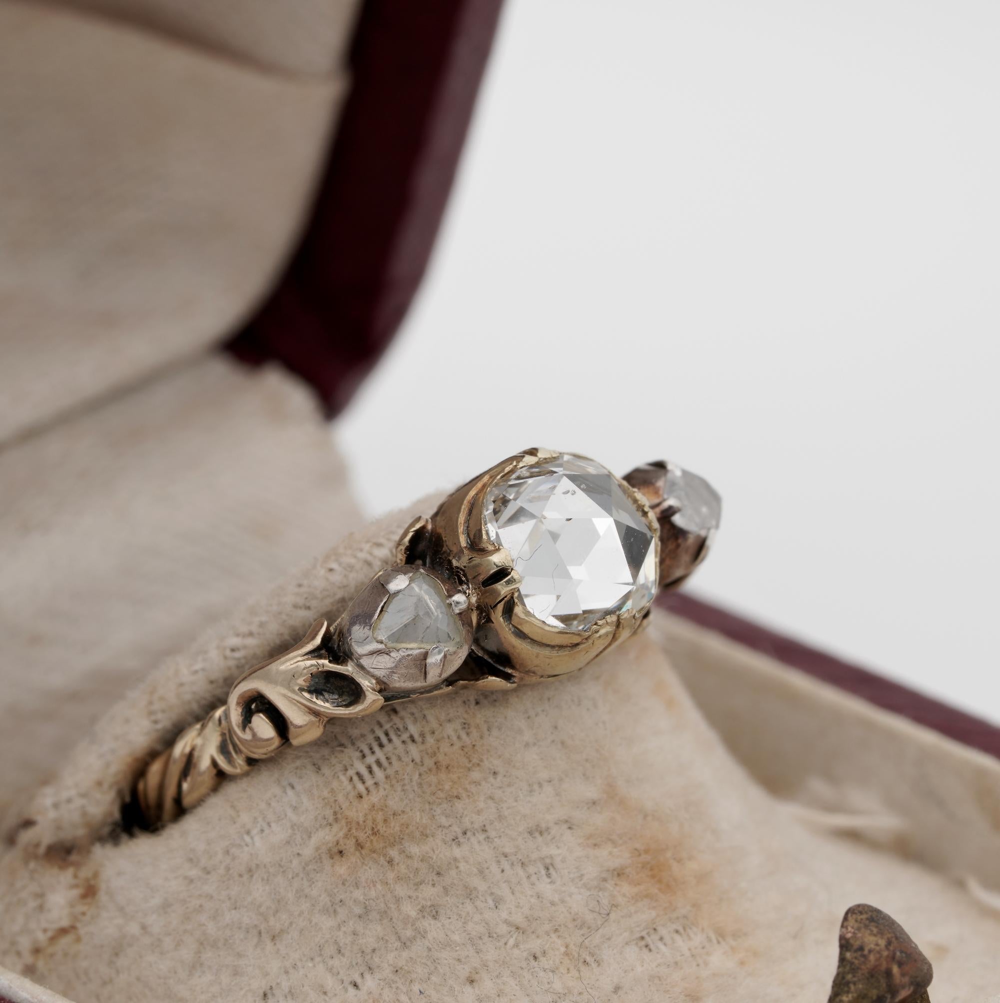 Women's or Men's Georgian/Victorian 1.00 CT Plus Rose Cut Diamond Three stone Ring For Sale