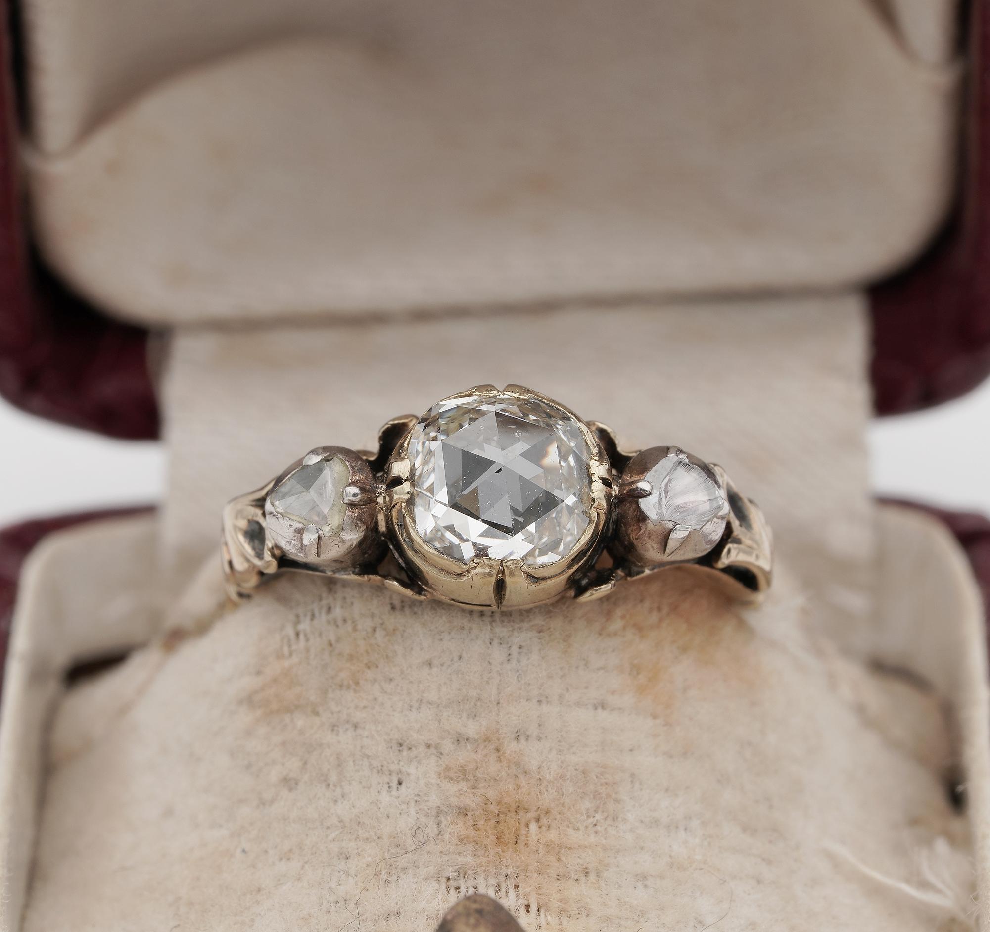 Stopping the Time

This extremely beautiful, rare Georgian /Victorian ring is 1800 ca
Marvellous mounting, one of the most desired in trilogy version, displaying the glorious workmanship of the period, 14/15 Kt yellow gold , marks completely worn to