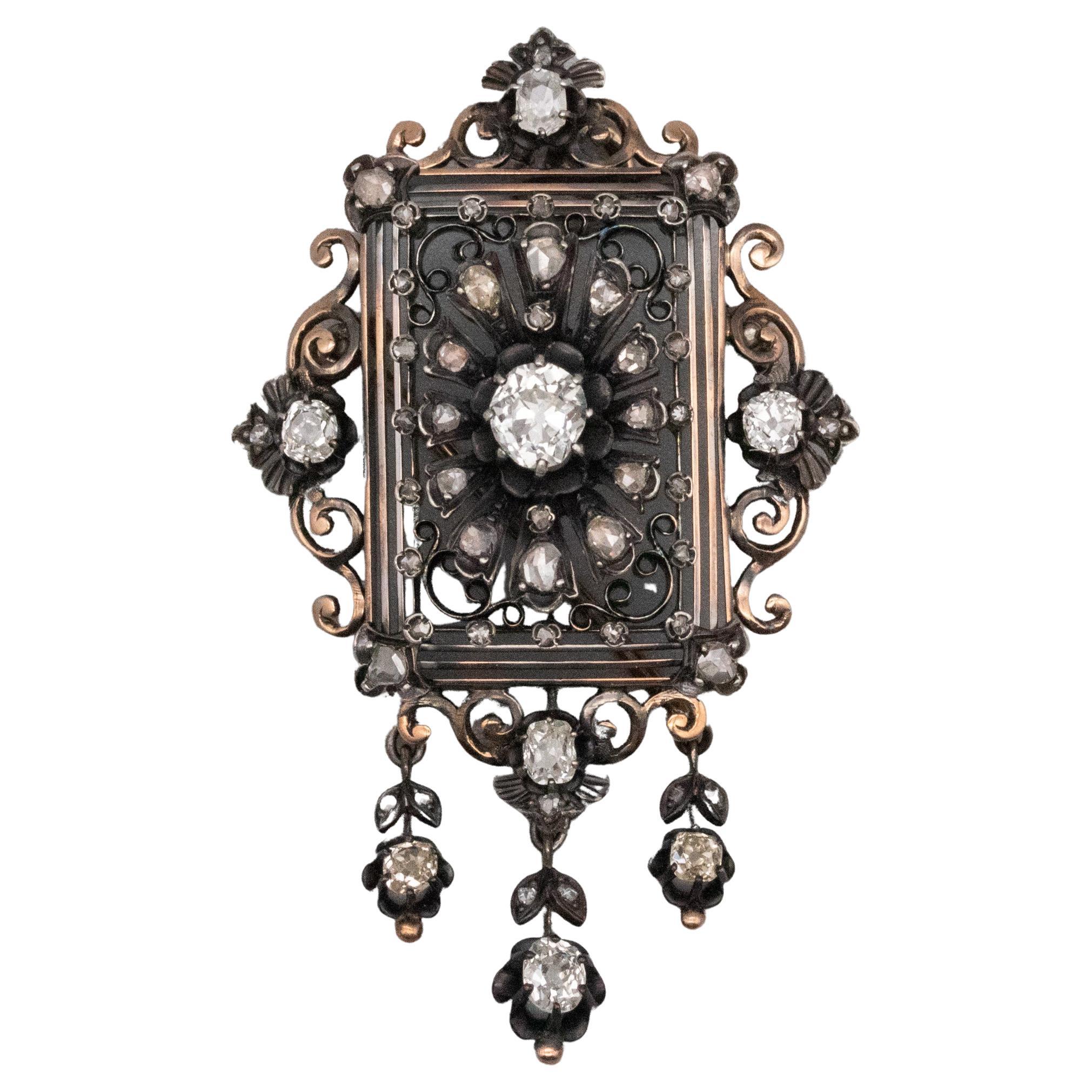 Georgian Victorian 1830 Pendant Brooch In 18Kt Gold 4.58 Cts Rose Cut Diamonds For Sale