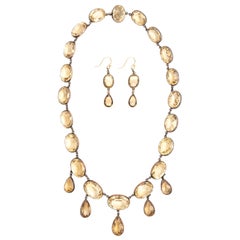 Georgian Victorian Sterling Silver and Gold Citrine Paste Necklace and Earrings
