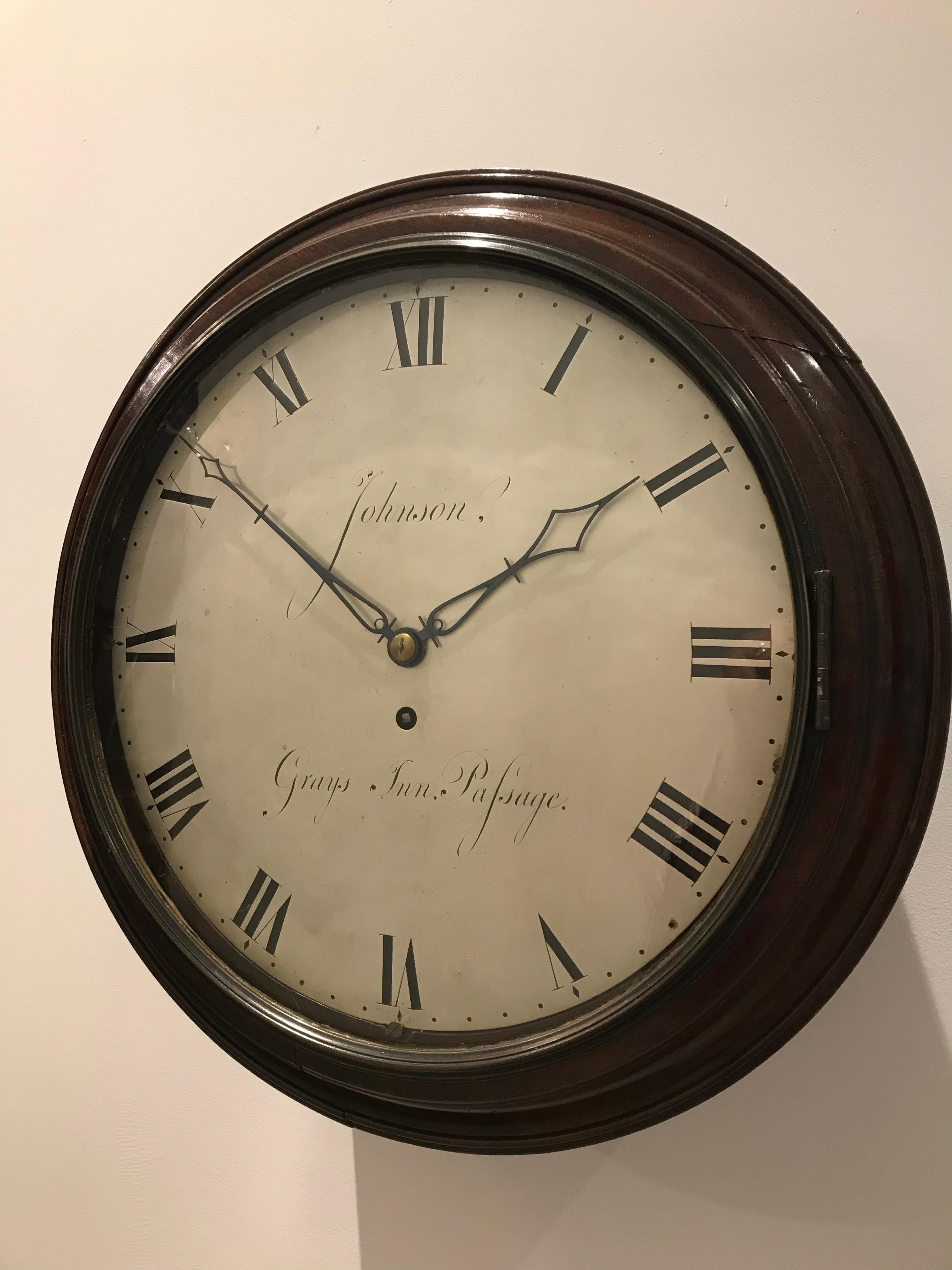 A good late Georgian English dial clock with engraved and silvered dial, salt box case and early anchor escapement. 

The case of mahogany is in the saltbox style with the backboard extended below the box. A moulded door in the bottom and a deep