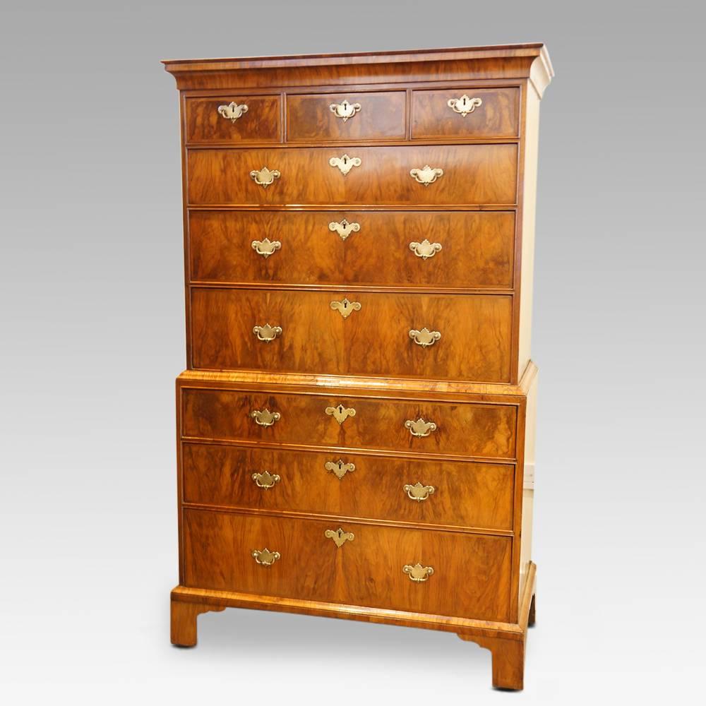 Georgian walnut chest on chest
This Georgian walnut chest on chest was first made in the first half of the 18thc. Circa 1730
The chest on chest (tallboy) was made in 2 parts, that makes is easier to get into your home, or transport around the