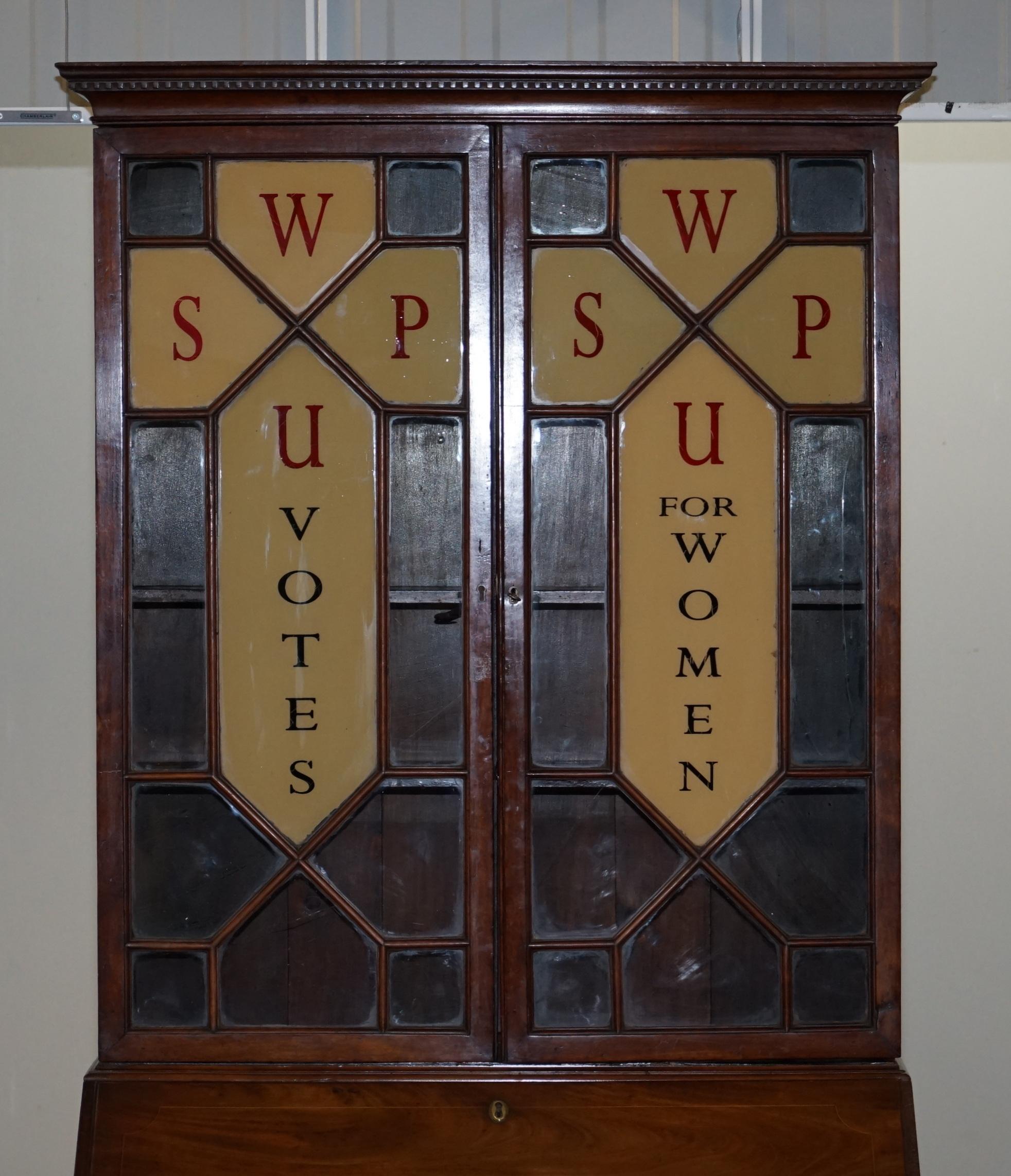 English Georgian Walnut circa 1800 Bureau Bookcase with 1903 WSPU Suffragettes Decor