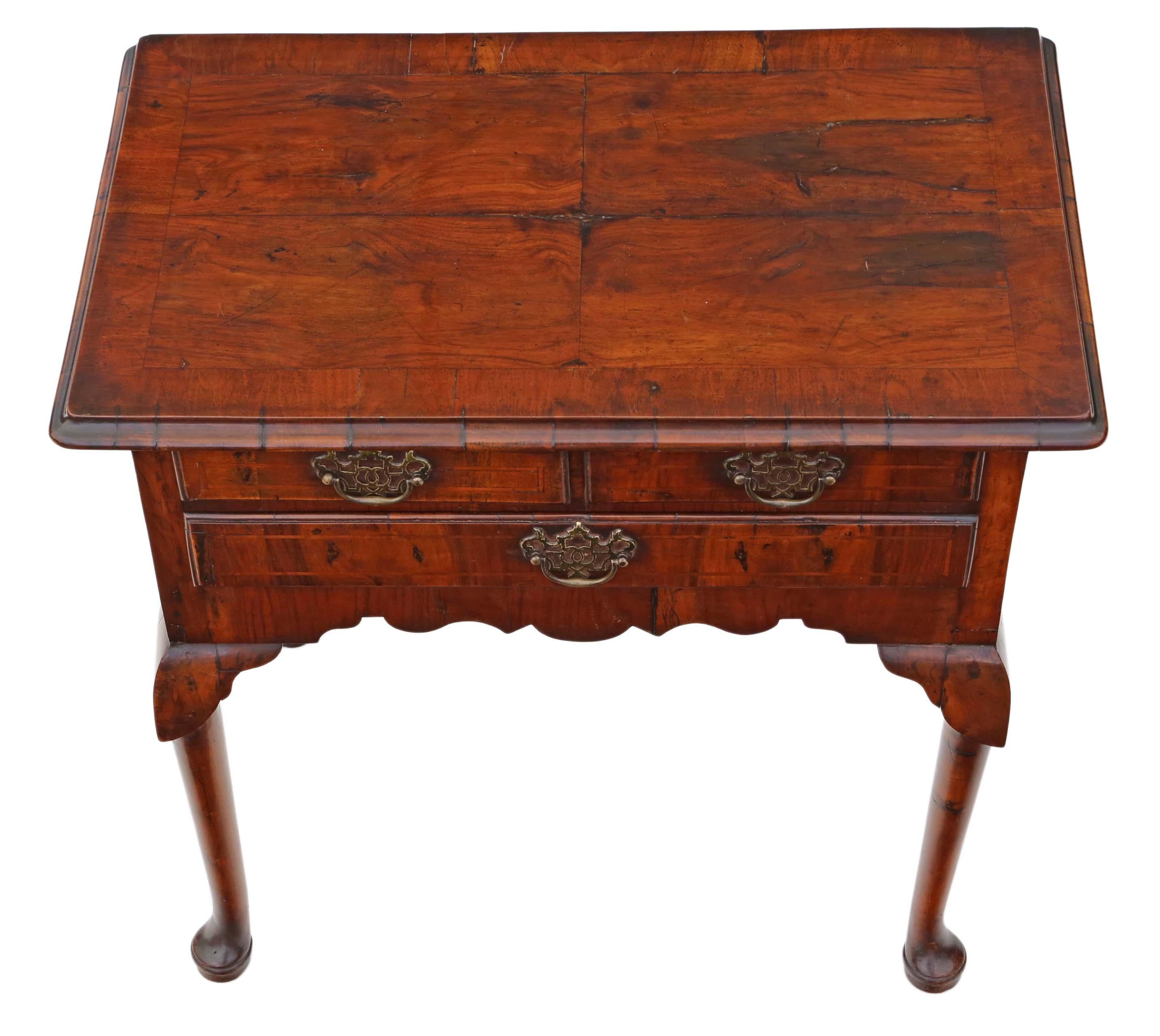 Georgian walnut lowboy writing side table. 18th century origins, but with later alteration.
No loose joints. Full of age, character and charm. The oak lined drawers slide freely.
Would look great in the right location! A charming, characterful