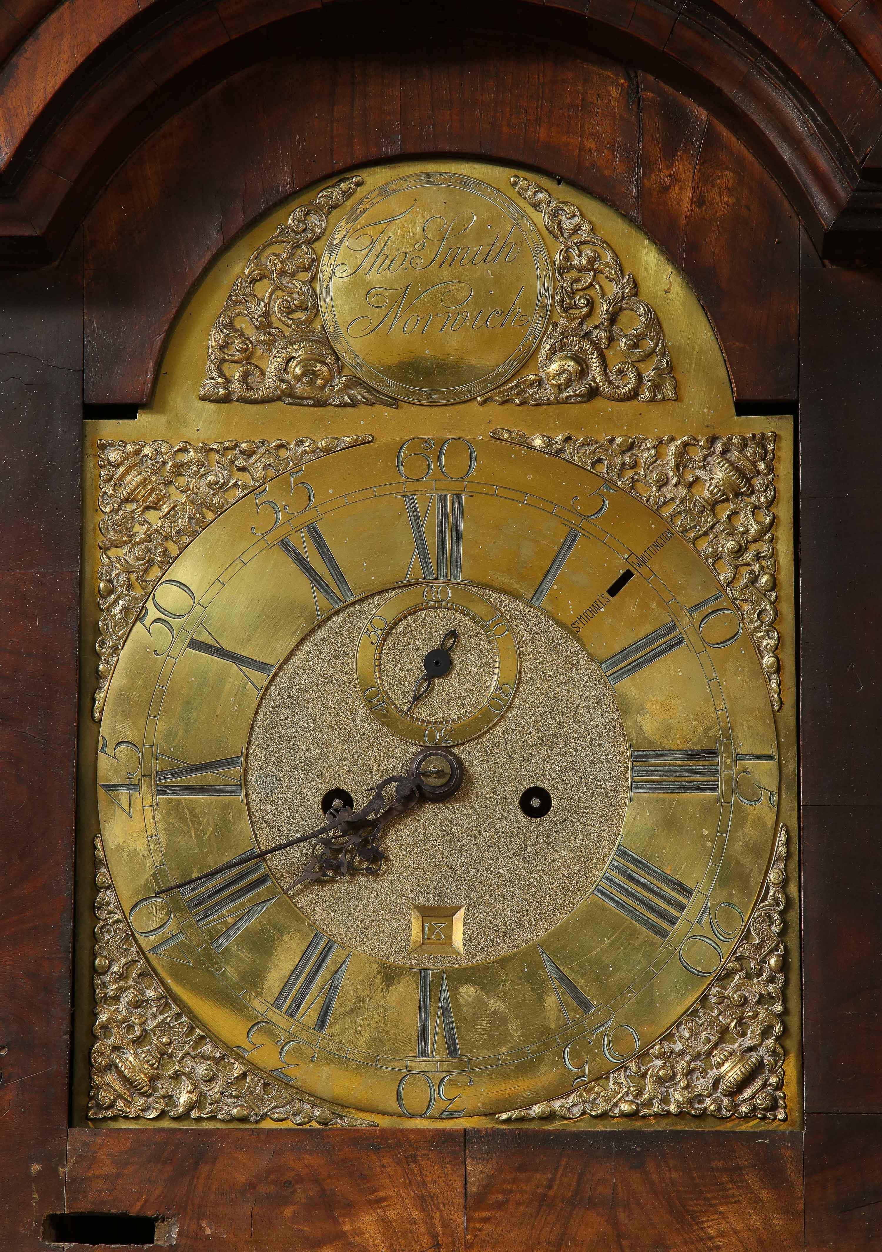 Georgian Walnut Tall Case Clock by Thomas Smith of Norwich For Sale 1