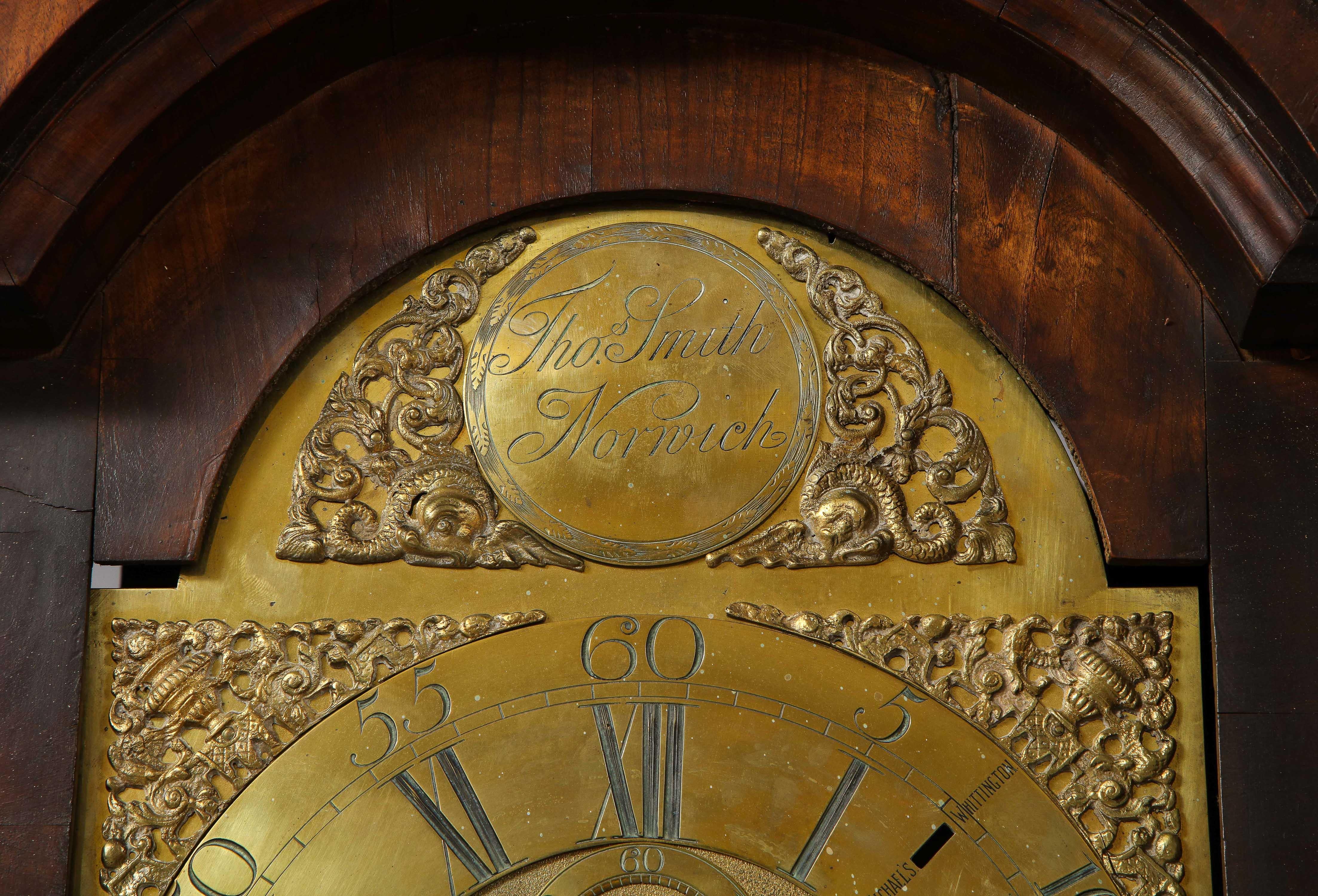 Georgian Walnut Tall Case Clock by Thomas Smith of Norwich For Sale 3