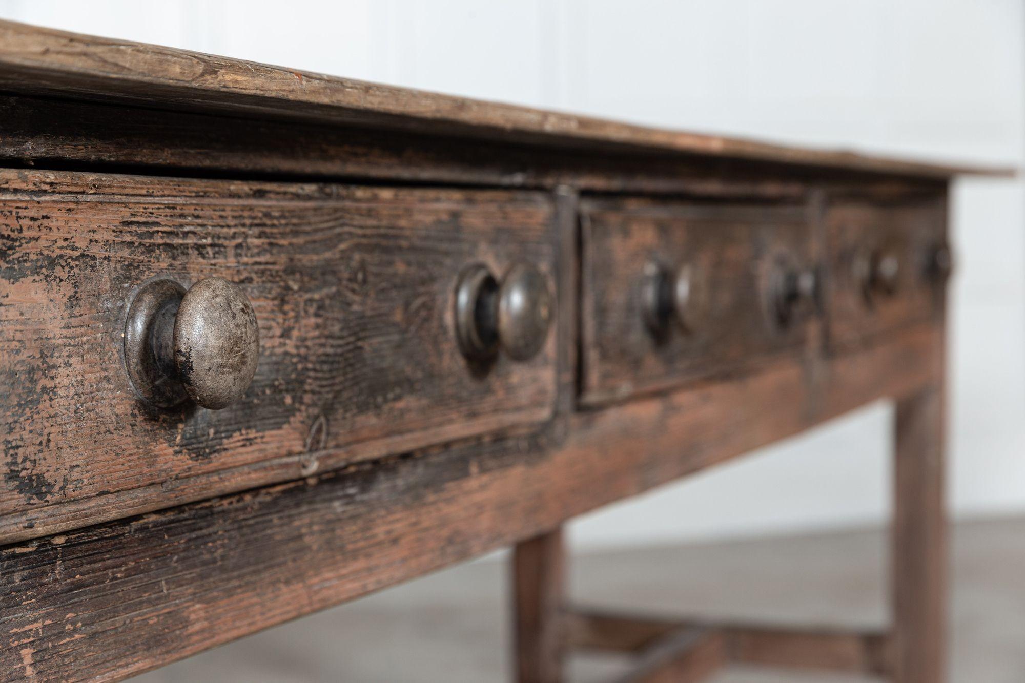 circa 1820
Georgian Welsh 2 plank pine scullery prep table
Lovely form and scale with traces of its historic paint.
Measures: W 202 x D 70 x H 78 cm.
   